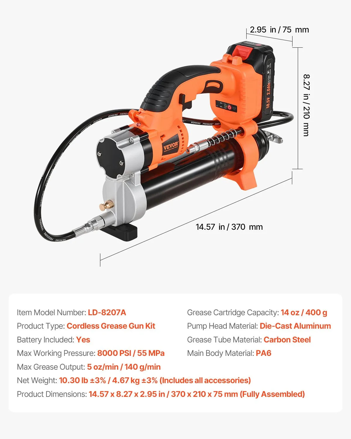 VEVOR Cordless Grease Gun 20V Electric Grease Gun Kit with Battery 30-inch Hose