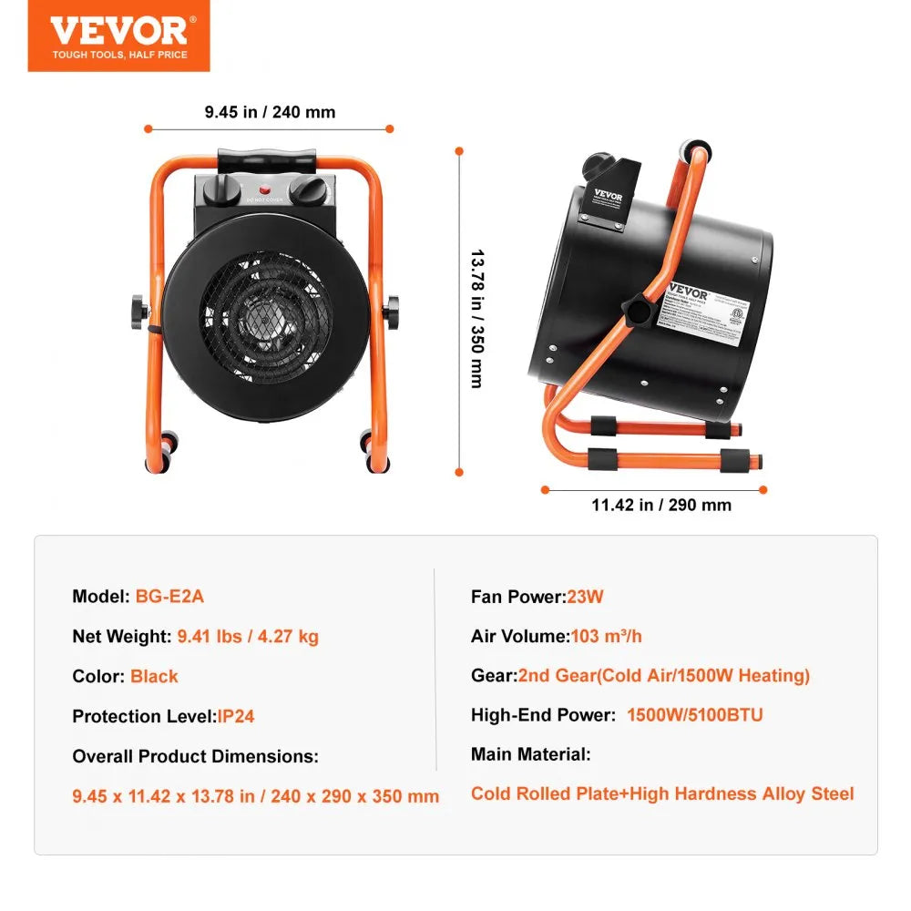 VEVOR Greenhouse Heater with Thermostat, 1500W Fast Heating with Overheat Protection, 2-Speed Setting Small Grow Tent Heater, Electric Portable Heater Fan for Green House, Flower Room, Workplace