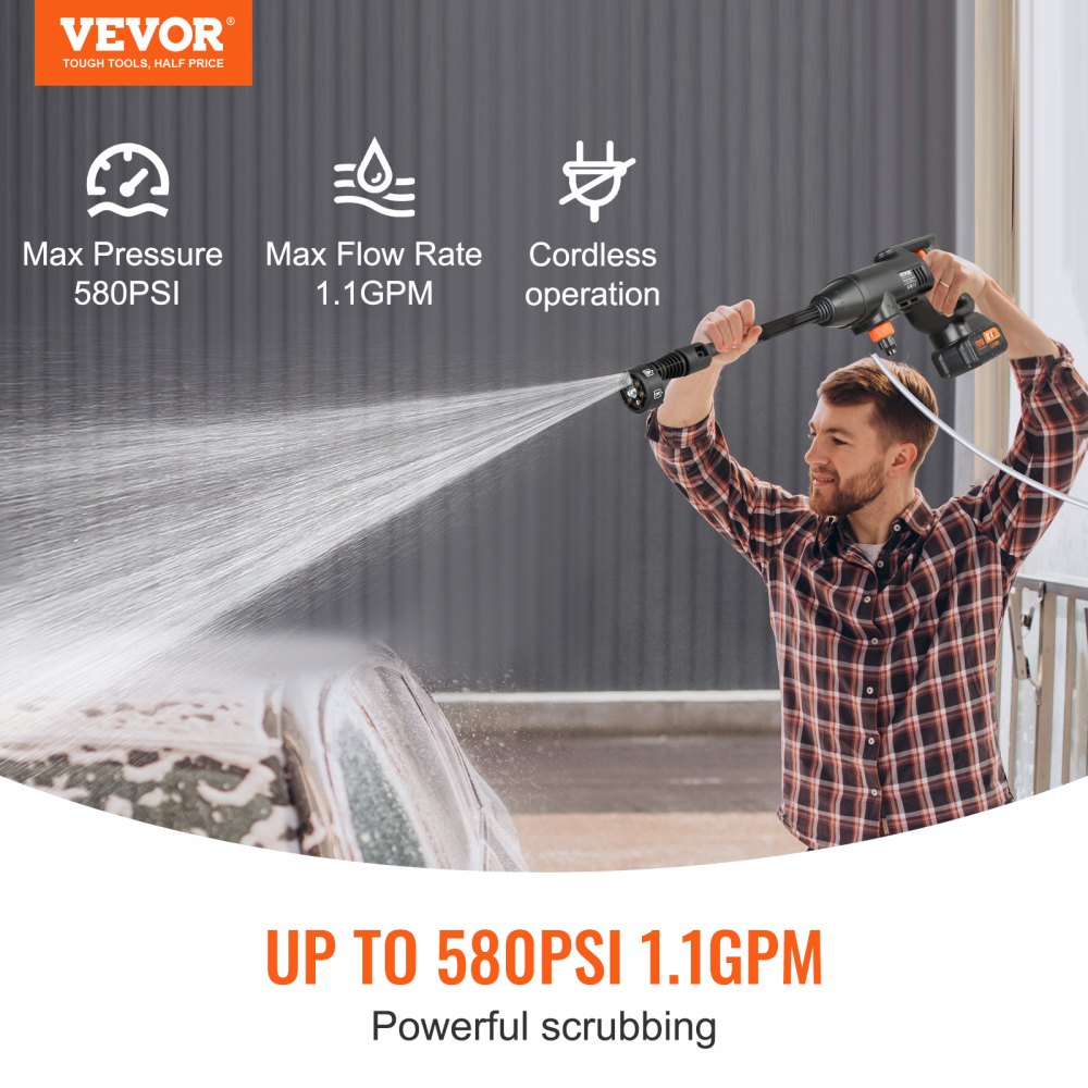 VEVOR Cordless Pressure Washer, 580-PSI 1.1 GPM Portable Power Cleaner, Handheld High-Pressure Car Washer Gun with 4.0Ah Battery, Charger, 6-in-1 Nozzle, for Home/Floor Cleaning & Watering 