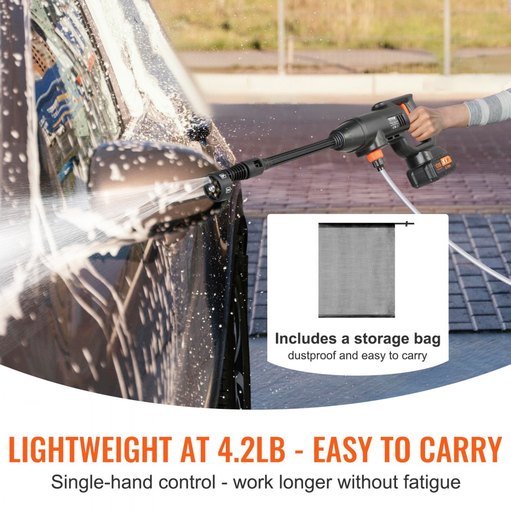 VEVOR Cordless Pressure Washer, 580-PSI 1.1 GPM Portable Power Cleaner, Handheld High-Pressure Car Washer Gun with 4.0Ah Battery, Charger, 6-in-1 Nozzle, for Home/Floor Cleaning & Watering 