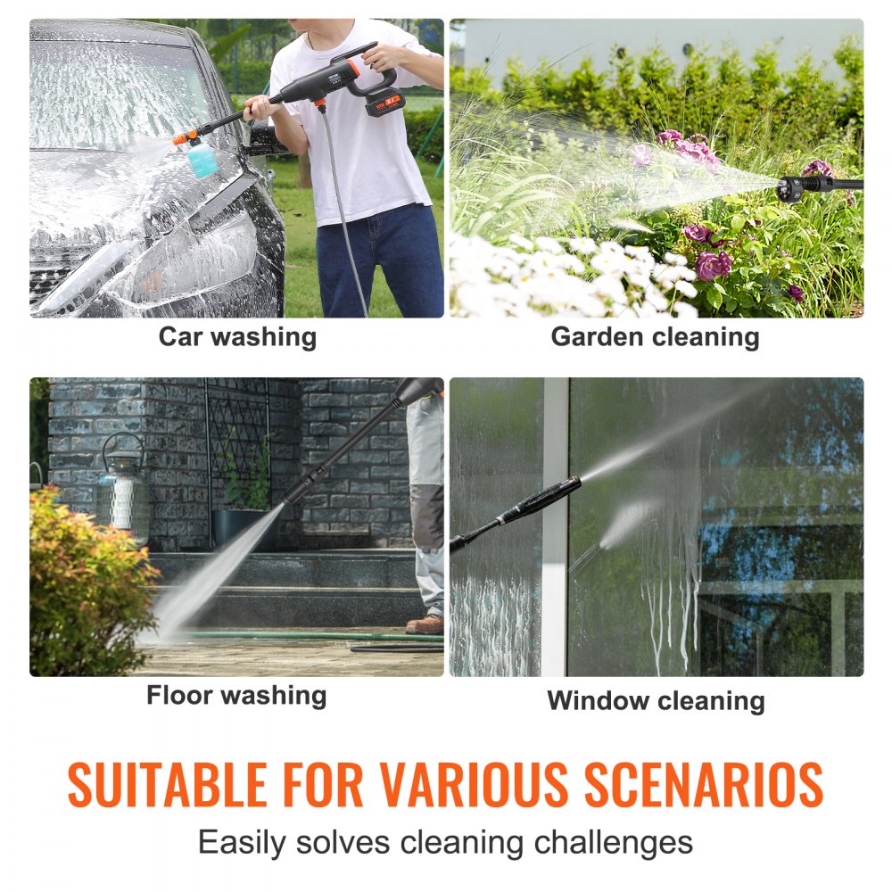 VEVOR Cordless Pressure Washer, 580-PSI 1.1 GPM Portable Power Cleaner, Handheld High-Pressure Car Washer Gun with 4.0Ah Battery, Charger, 6-in-1 Nozzle, for Home/Floor Cleaning & Watering 
