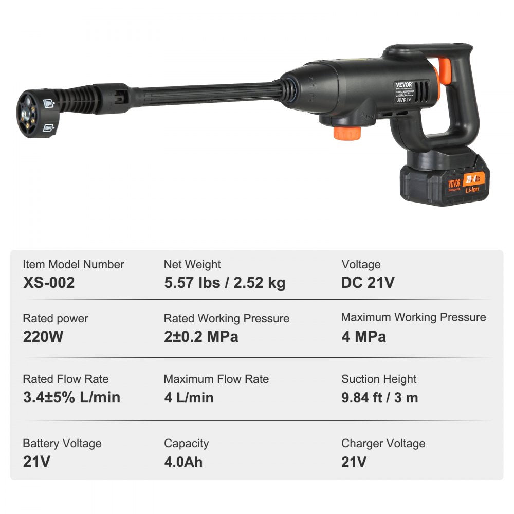 VEVOR Cordless Pressure Washer, 580-PSI 1.1 GPM Portable Power Cleaner, Handheld High-Pressure Car Washer Gun with 4.0Ah Battery, Charger, 6-in-1 Nozzle, for Home/Floor Cleaning & Watering 
