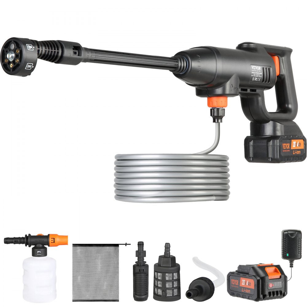 VEVOR Cordless Pressure Washer, 580-PSI 1.1 GPM Portable Power Cleaner, Handheld High-Pressure Car Washer Gun with 4.0Ah Battery, Charger, 6-in-1 Nozzle, for Home/Floor Cleaning & Watering 