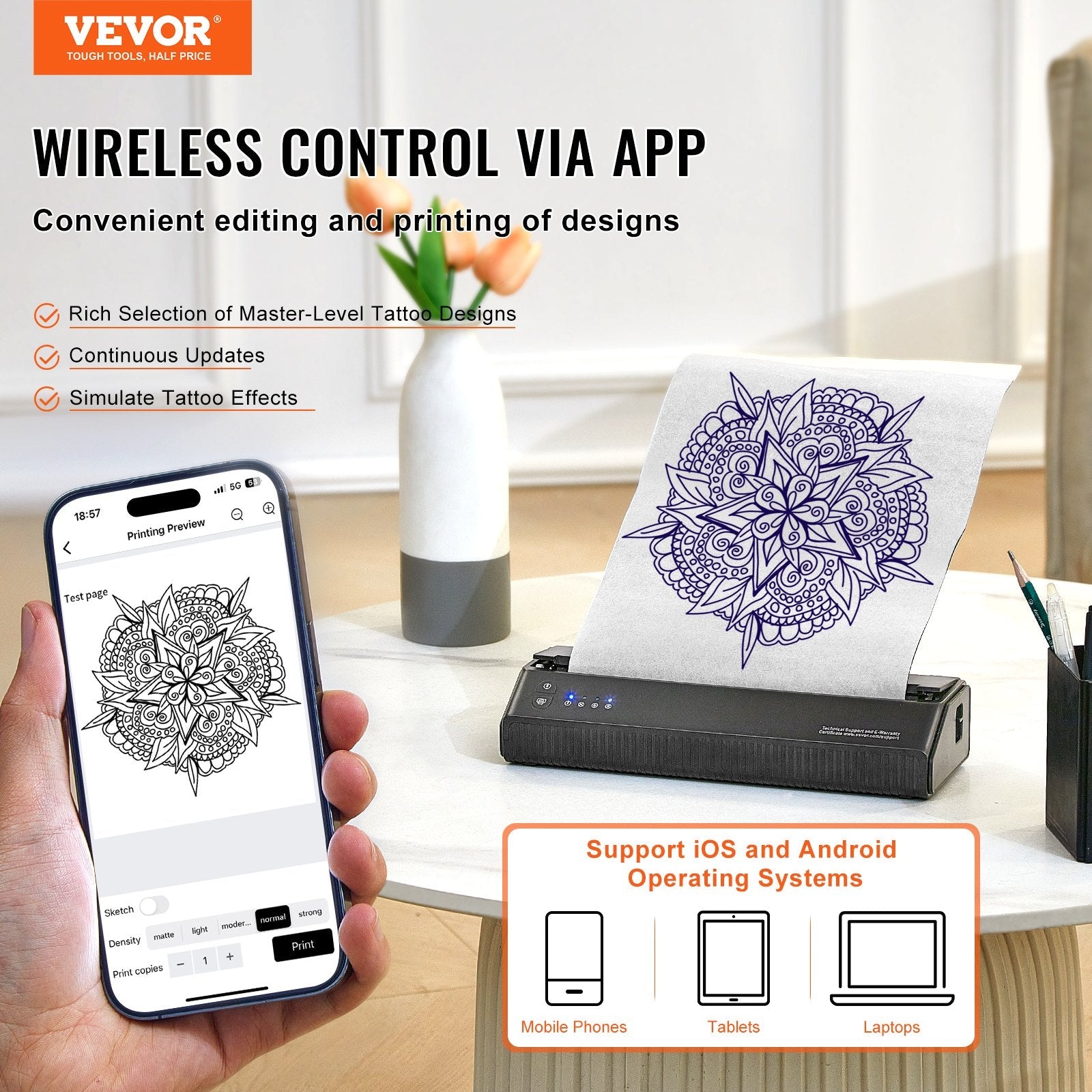 VEVOR Tattoo Transfer Stencil Printer, Wireless Bluetooth Tattoo Stencil Printer Machine with 10Pcs Transfer Paper and Cloth Bag, Portable Tattoo Printer for Android and iOS Phone, iPad and PC 
