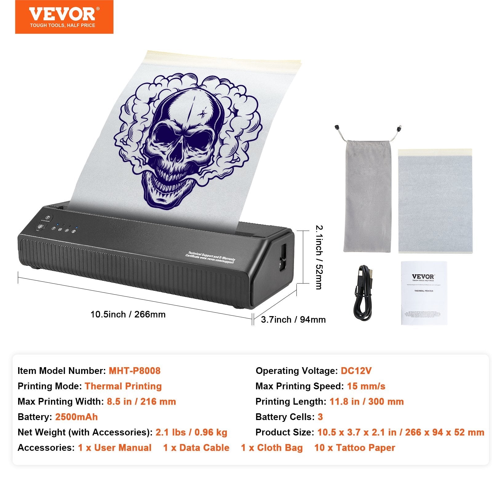 VEVOR Tattoo Transfer Stencil Printer, Wireless Bluetooth Tattoo Stencil Printer Machine with 10Pcs Transfer Paper and Cloth Bag, Portable Tattoo Printer for Android and iOS Phone, iPad and PC 