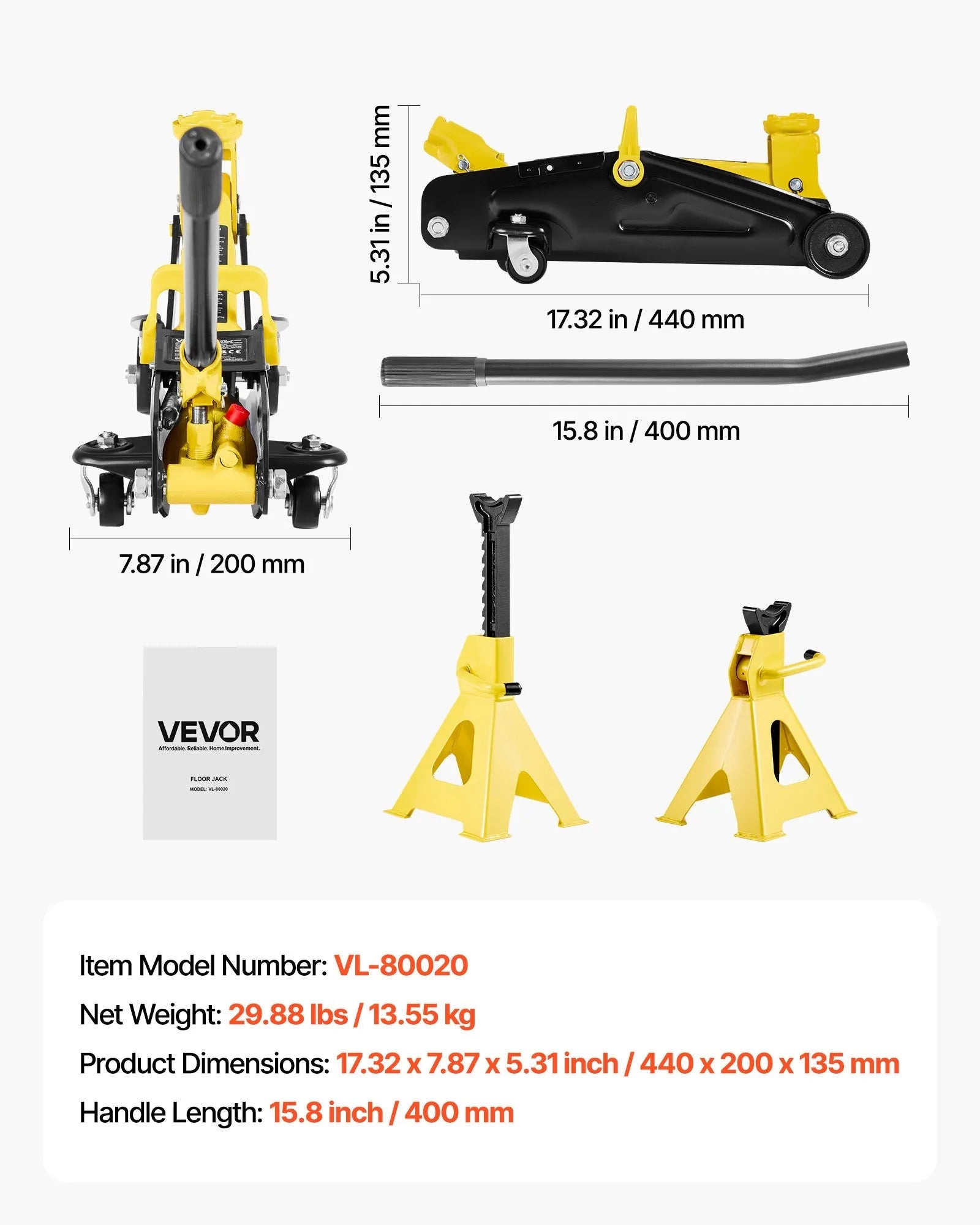 VEVOR Low Profile Floor Jack, 2 Ton (4400 lbs) Capacity, Steel Racing Floor Jack with Stands, Single Piston Quick Lift Pump, Hydraulic Trolley Car Lift for Compact SUVs, Lifting Range 5.1-12.2 Inches 