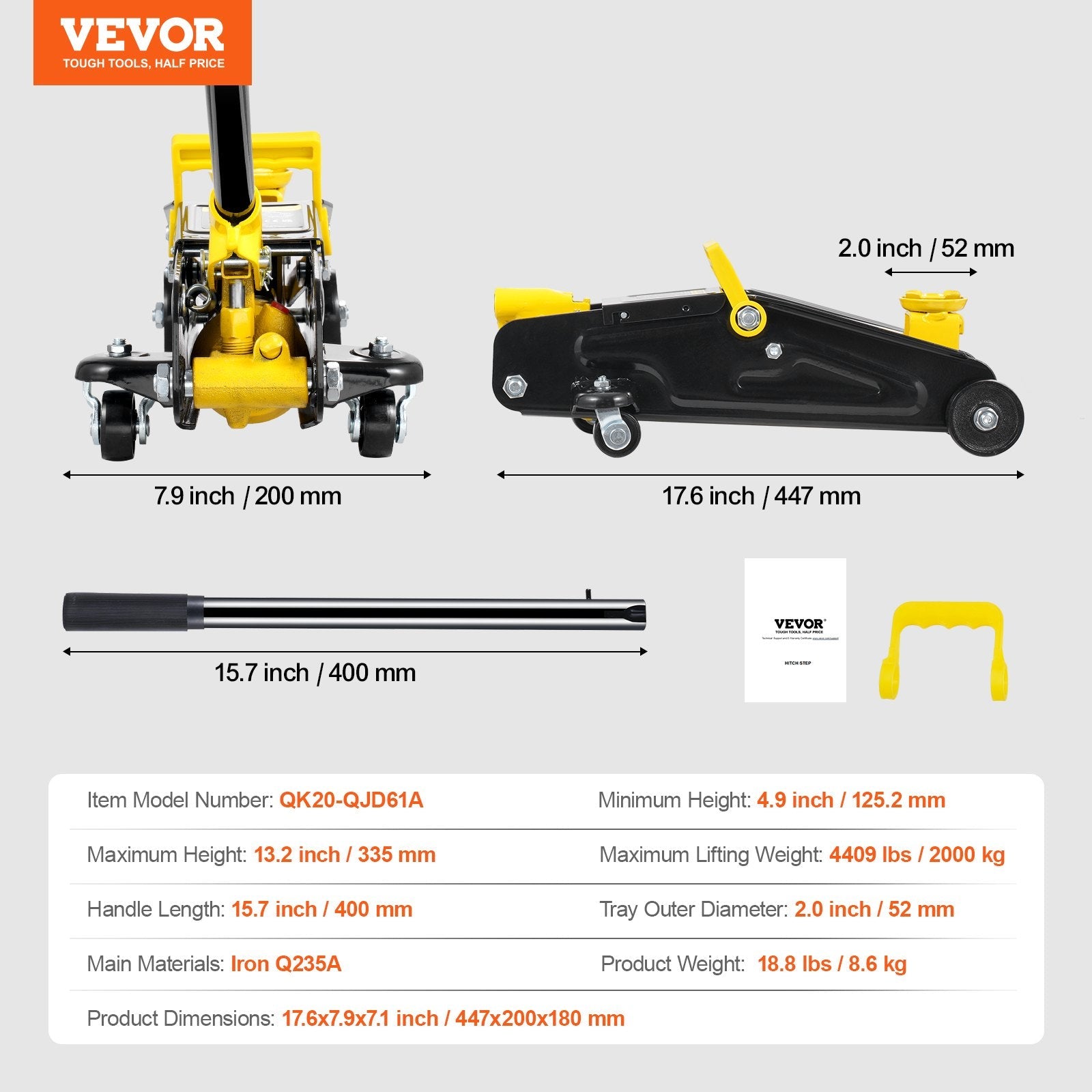 VEVOR Low Profile Floor Jack 2 Ton Heavy Duty Single Piston Hydraulic Pump 