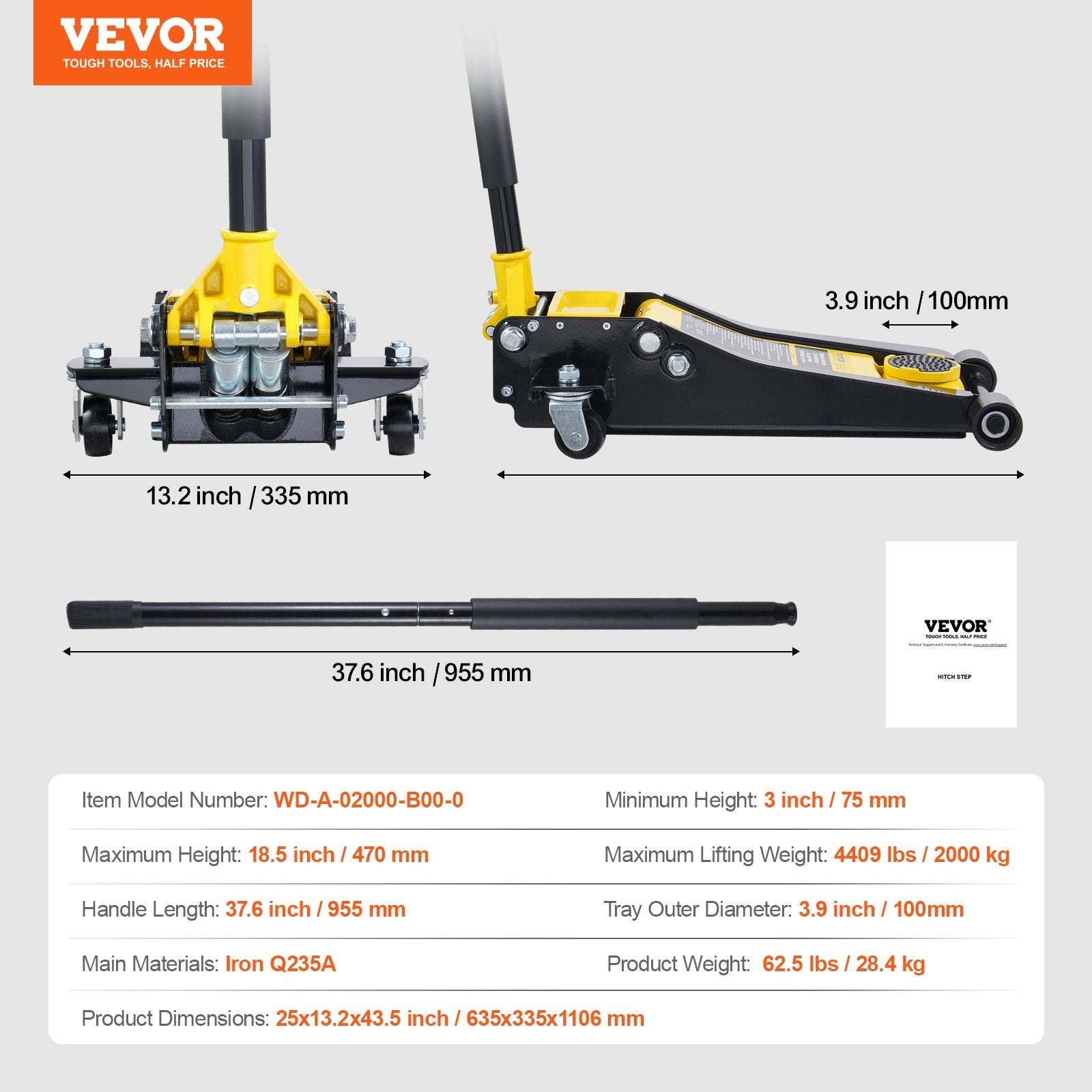 VEVOR Low Profile Floor Jack 2 Ton Heavy Duty Dual Piston Rapid Pump 