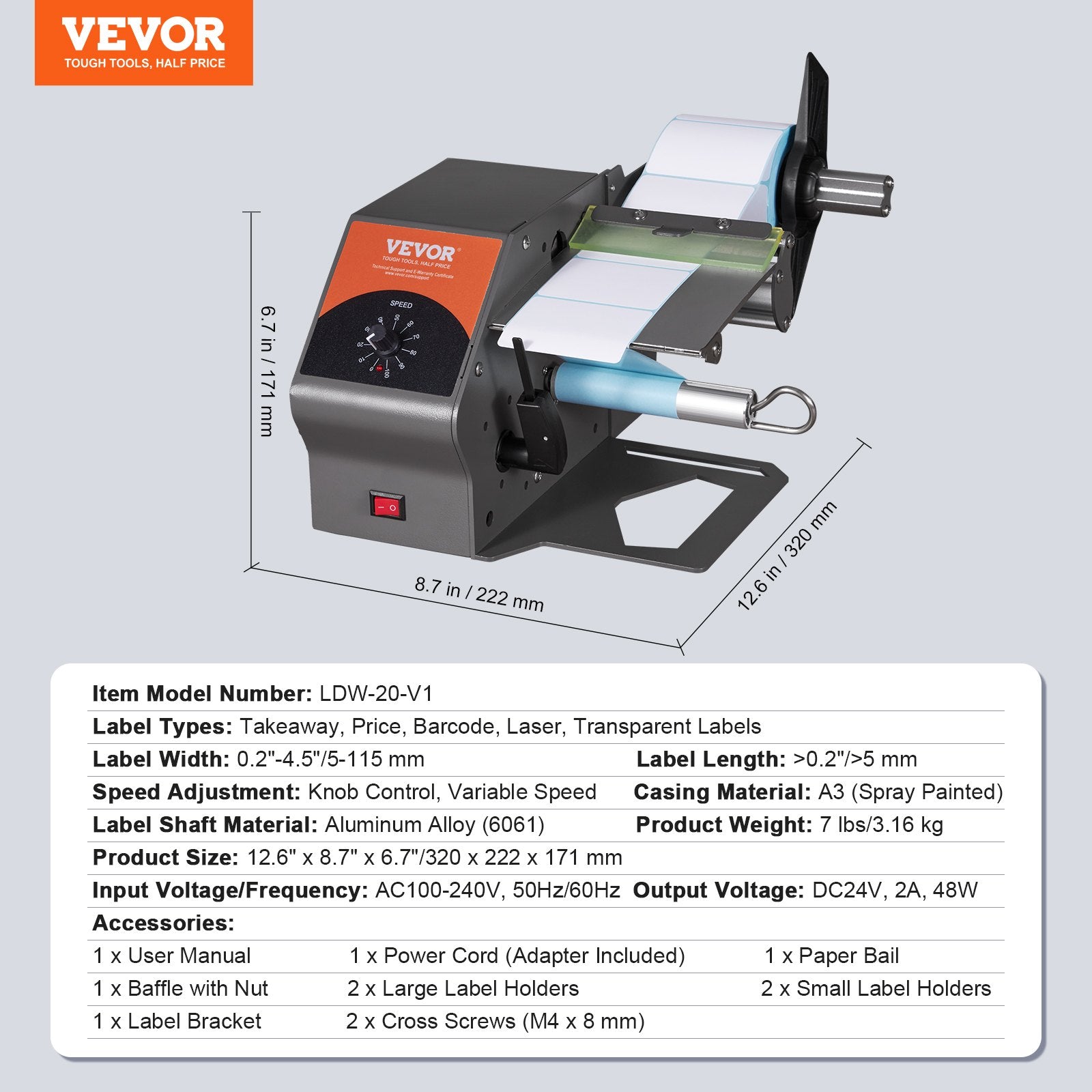 VEVOR Automatic Label Dispenser, Width 0.2"-4.5"/5-115 mm, Length 0.2"/5 mm-?, Automatic Label Stripper Label Separating Machine, Speed Adjustable Label Applicator for Transparent and Opaque Labels 