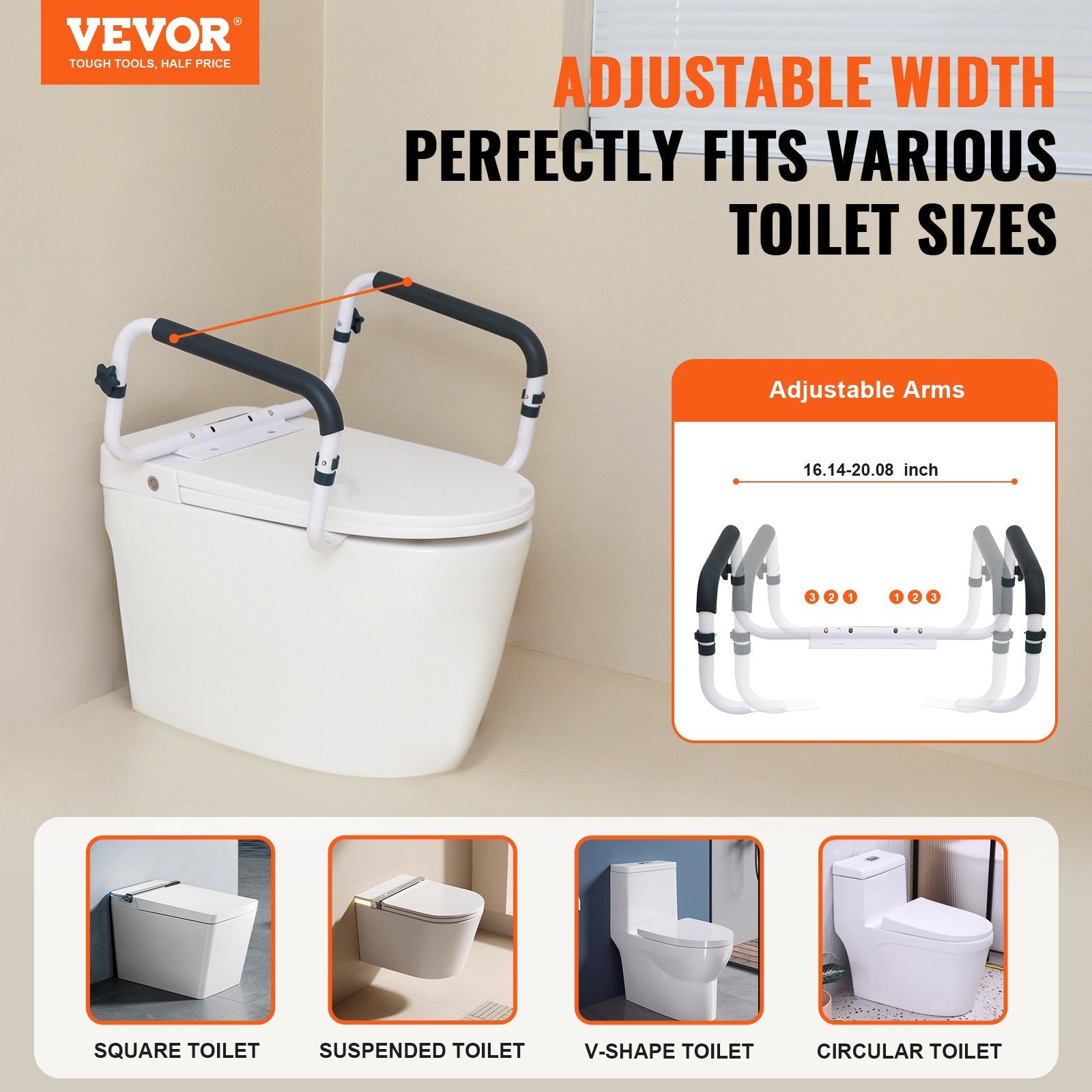 VEVOR Toilet Safety Rail, 300LBS Capacity Toilet Seat Frame, Adjustable Width Fit Most Toilets, Easy Installation, Toilet Handles Grab Bars with Padded Armrests for Handicap, Disabled, Seniors 