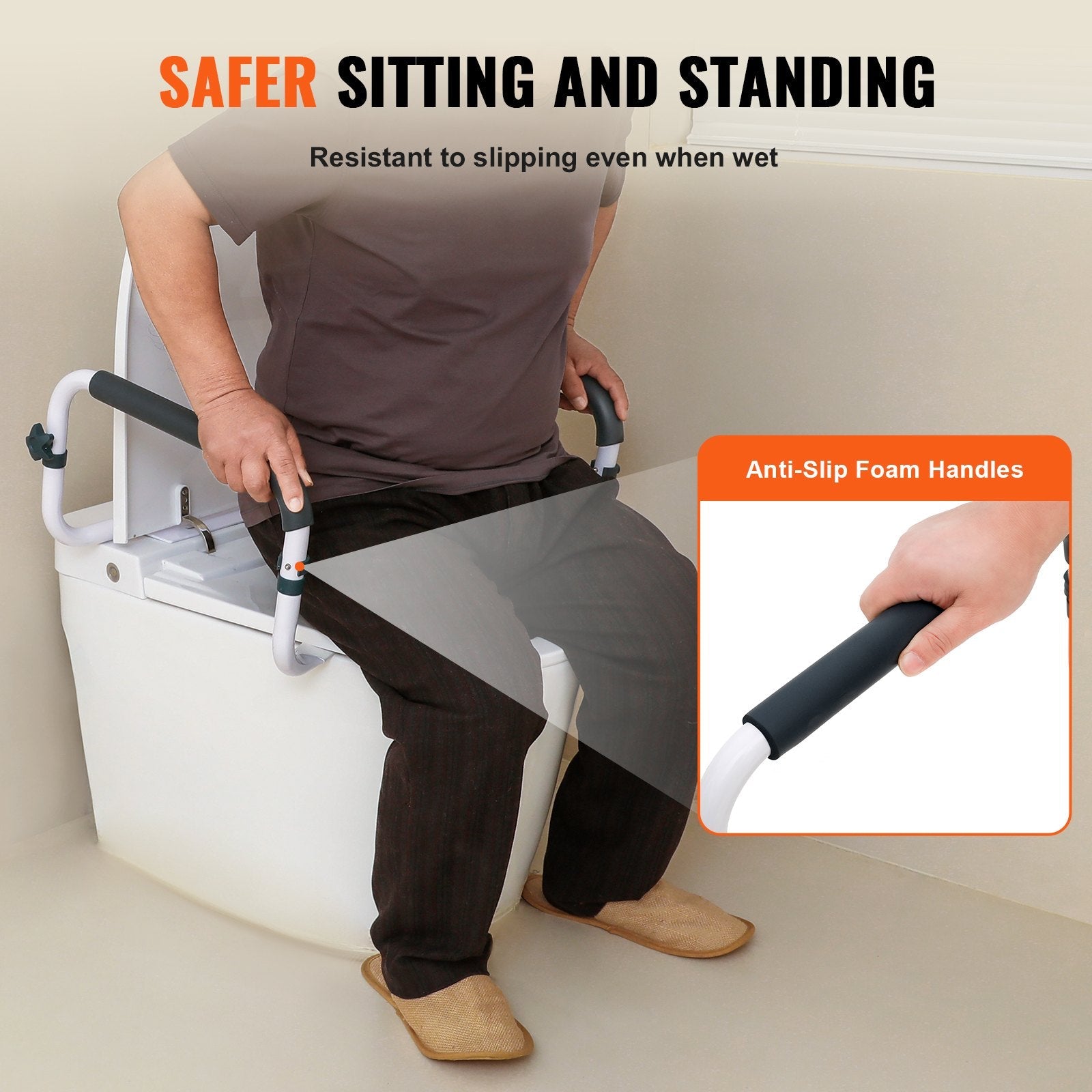 VEVOR Toilet Safety Rail, 300LBS Capacity Toilet Seat Frame, Adjustable Width Fit Most Toilets, Easy Installation, Toilet Handles Grab Bars with Padded Armrests for Handicap, Disabled, Seniors 