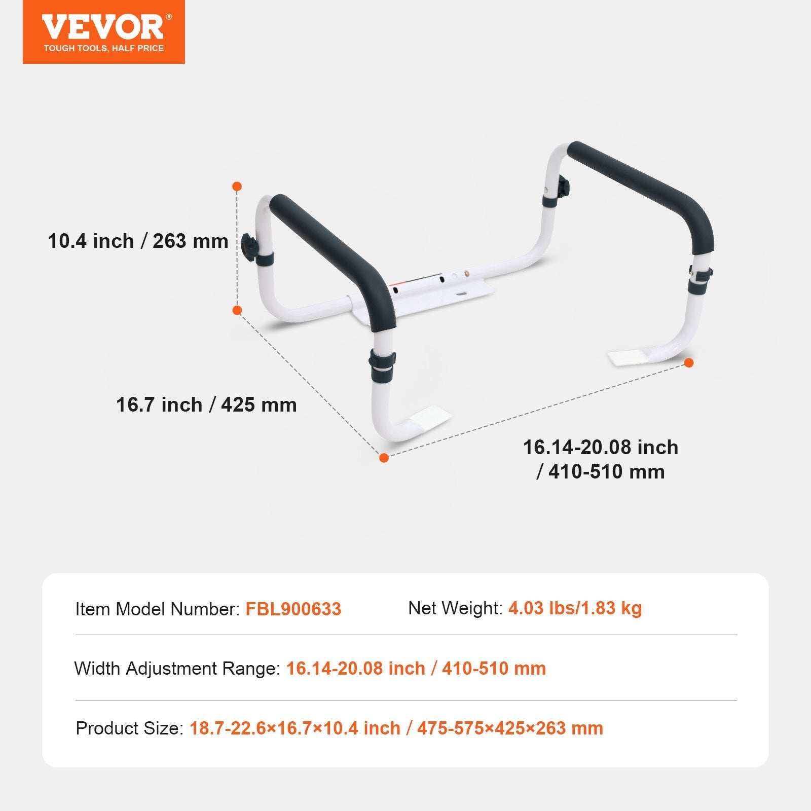 VEVOR Toilet Safety Rail, 300LBS Capacity Toilet Seat Frame, Adjustable Width Fit Most Toilets, Easy Installation, Toilet Handles Grab Bars with Padded Armrests for Handicap, Disabled, Seniors 