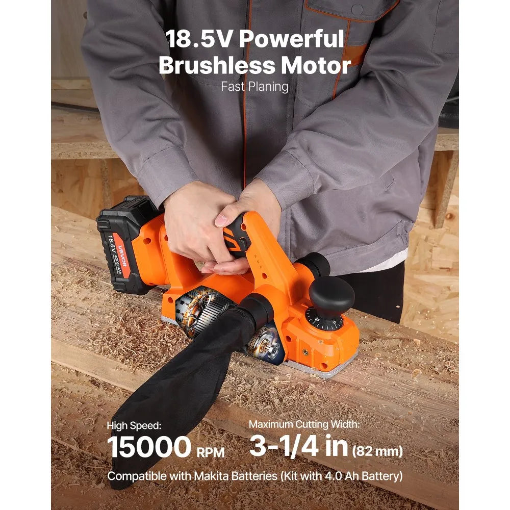 VEVOR Cordless Handheld Planer, 3-1/4-Inch Cut Width, 15000 RPM Electric Hand Wood Planer with 4.0 Ah 18V Lithium Battery, Brushless Motor, Adjustable Cut Depth, Dust Collection Bag, for Woodworking 