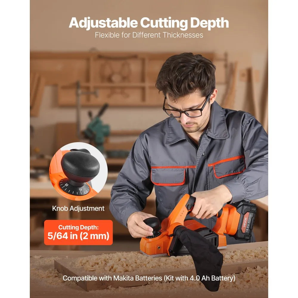 VEVOR Cordless Handheld Planer, 3-1/4-Inch Cut Width, 15000 RPM Electric Hand Wood Planer with 4.0 Ah 18V Lithium Battery, Brushless Motor, Adjustable Cut Depth, Dust Collection Bag, for Woodworking 
