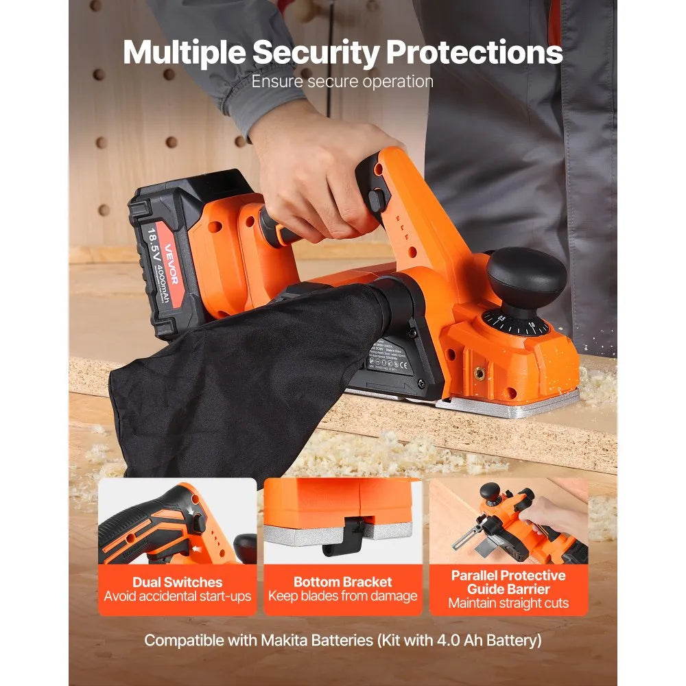 VEVOR Cordless Handheld Planer, 3-1/4-Inch Cut Width, 15000 RPM Electric Hand Wood Planer with 4.0 Ah 18V Lithium Battery, Brushless Motor, Adjustable Cut Depth, Dust Collection Bag, for Woodworking 