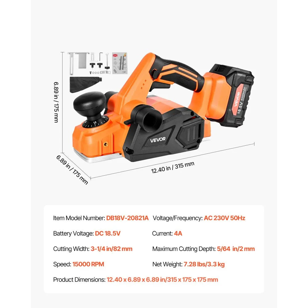 VEVOR Cordless Handheld Planer, 3-1/4-Inch Cut Width, 15000 RPM Electric Hand Wood Planer with 4.0 Ah 18V Lithium Battery, Brushless Motor, Adjustable Cut Depth, Dust Collection Bag, for Woodworking 
