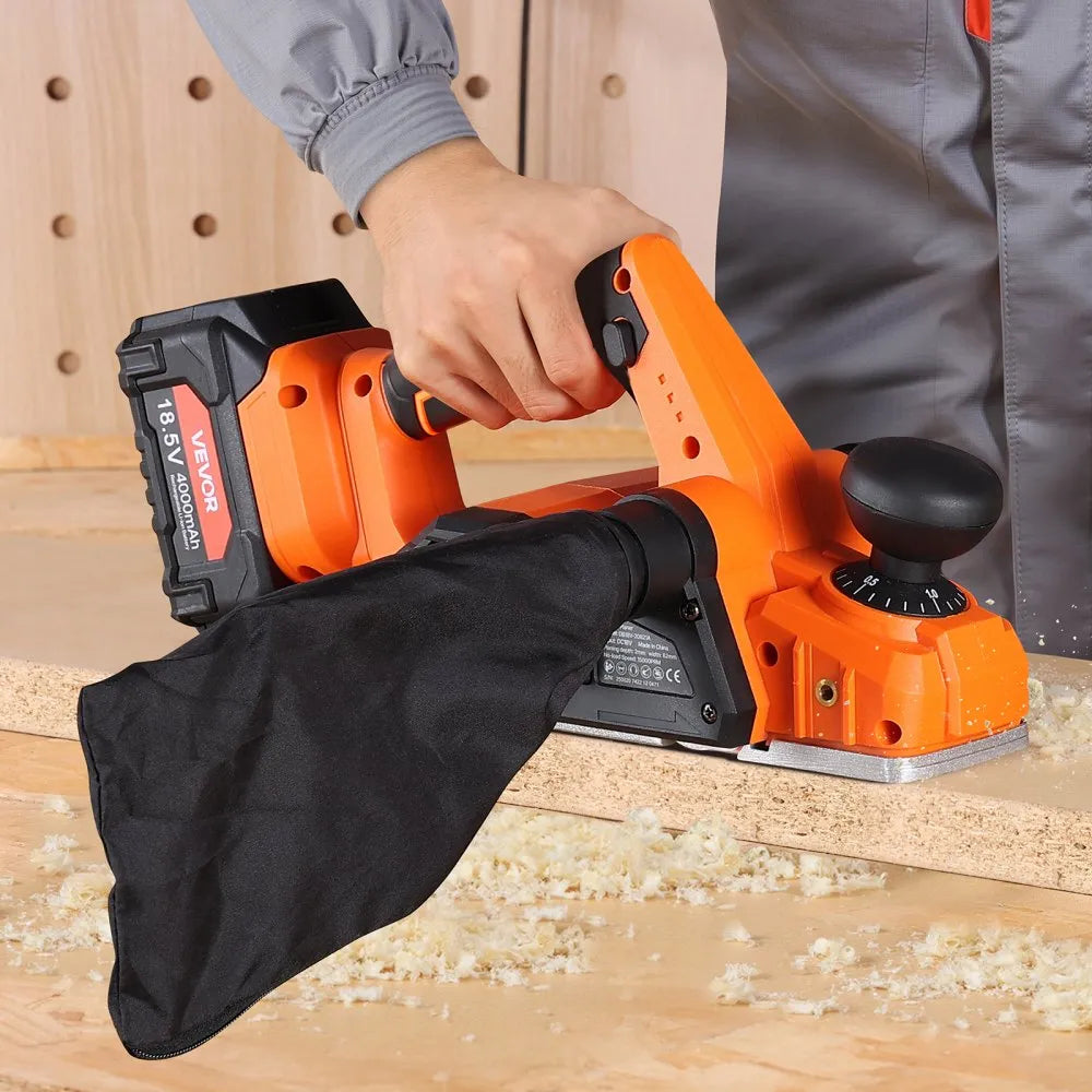 VEVOR Cordless Handheld Planer, 3-1/4-Inch Cut Width, 15000 RPM Electric Hand Wood Planer with 4.0 Ah 18V Lithium Battery, Brushless Motor, Adjustable Cut Depth, Dust Collection Bag, for Woodworking 