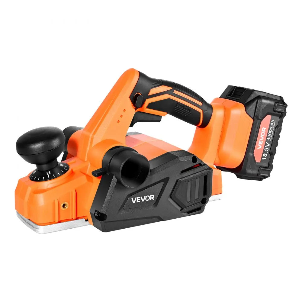 VEVOR Cordless Handheld Planer, 3-1/4-Inch Cut Width, 15000 RPM Electric Hand Wood Planer with 4.0 Ah 18V Lithium Battery, Brushless Motor, Adjustable Cut Depth, Dust Collection Bag, for Woodworking 