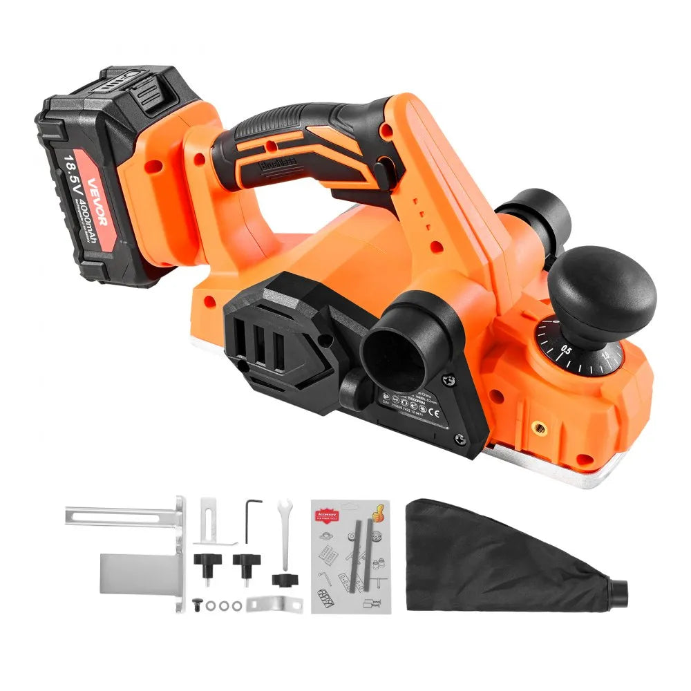 VEVOR Cordless Handheld Planer, 3-1/4-Inch Cut Width, 15000 RPM Electric Hand Wood Planer with 4.0 Ah 18V Lithium Battery, Brushless Motor, Adjustable Cut Depth, Dust Collection Bag, for Woodworking 