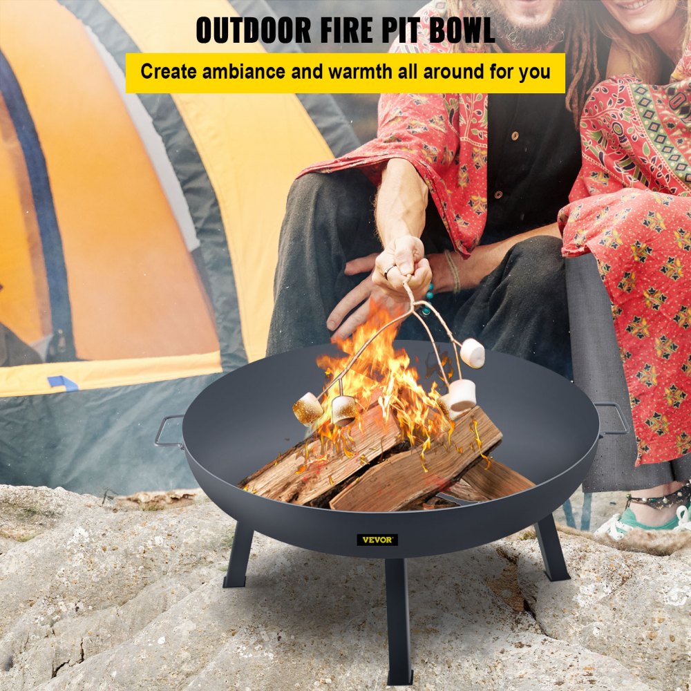 VEVOR Fire Pit Bowl, 34-Inch Deep Round Carbon Steel Fire Bowl, Wood Burning for Outdoor Patios, Backyards & Camping Uses, Portable Handles and A Firewood Stick, Black 