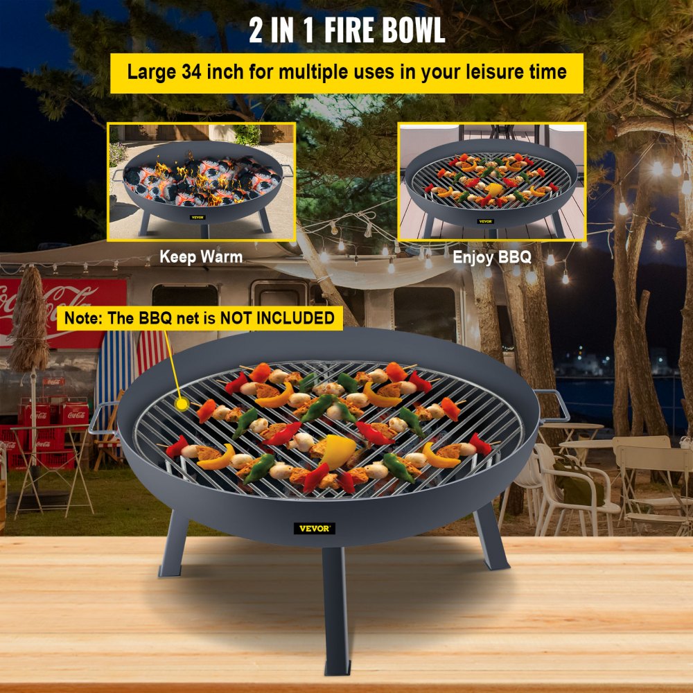 VEVOR Fire Pit Bowl, 34-Inch Deep Round Carbon Steel Fire Bowl, Wood Burning for Outdoor Patios, Backyards & Camping Uses, Portable Handles and A Firewood Stick, Black 