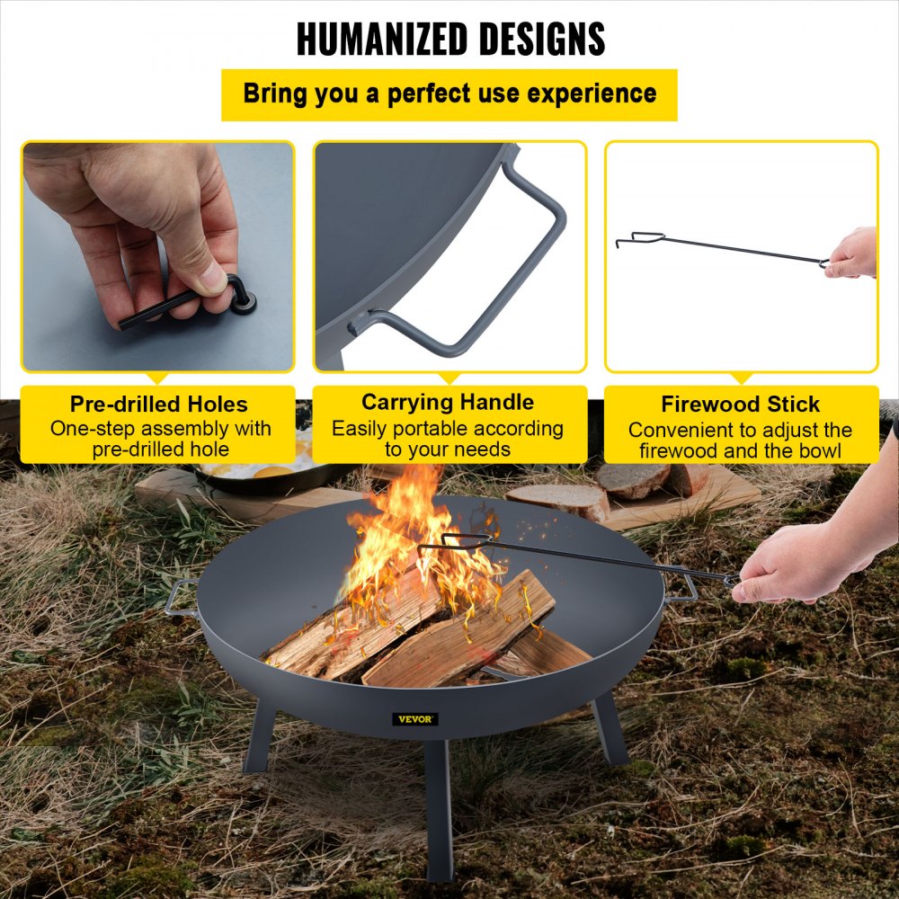 VEVOR Fire Pit Bowl, 34-Inch Deep Round Carbon Steel Fire Bowl, Wood Burning for Outdoor Patios, Backyards & Camping Uses, Portable Handles and A Firewood Stick, Black 