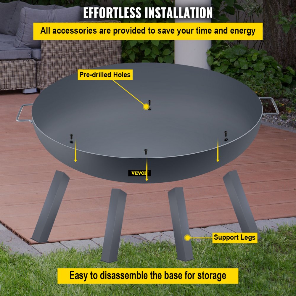 VEVOR Fire Pit Bowl, 34-Inch Deep Round Carbon Steel Fire Bowl, Wood Burning for Outdoor Patios, Backyards & Camping Uses, Portable Handles and A Firewood Stick, Black 