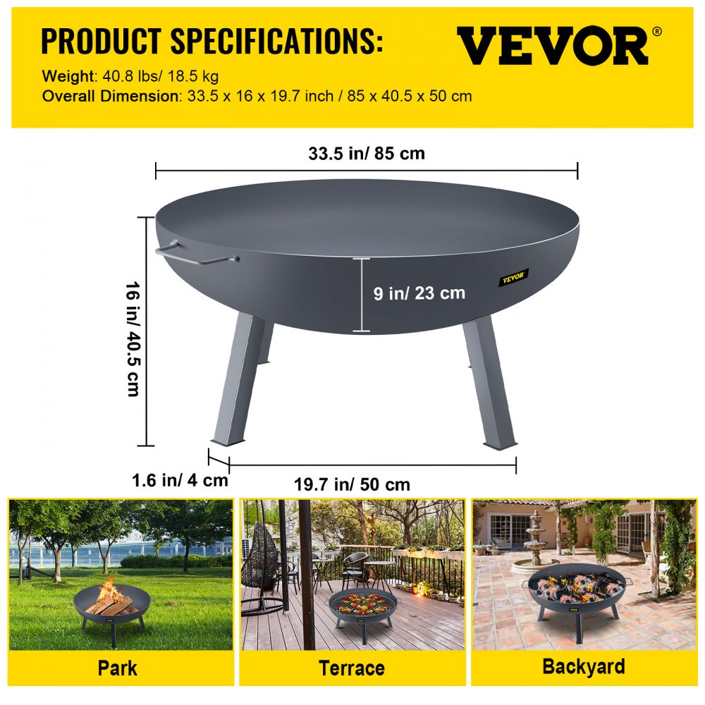 VEVOR Fire Pit Bowl, 34-Inch Deep Round Carbon Steel Fire Bowl, Wood Burning for Outdoor Patios, Backyards & Camping Uses, Portable Handles and A Firewood Stick, Black 