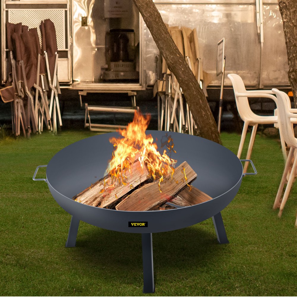 VEVOR Fire Pit Bowl, 34-Inch Deep Round Carbon Steel Fire Bowl, Wood Burning for Outdoor Patios, Backyards & Camping Uses, Portable Handles and A Firewood Stick, Black 
