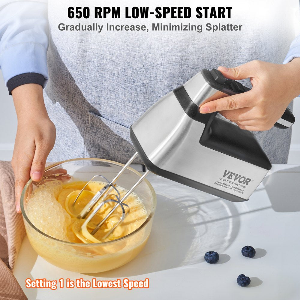 VEVOR Cordless Electric Hand Mixer, 250W, Continuously Variable Electric Handheld Mixer, with Turbo Boost Beaters Dough Hooks Storage Bag, Baking Supplies for Whipping Mixing Egg Cookie Cake Cream 