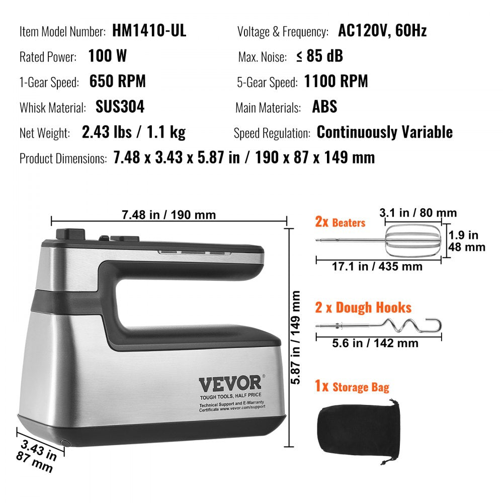 VEVOR Cordless Electric Hand Mixer, 250W, Continuously Variable Electric Handheld Mixer, with Turbo Boost Beaters Dough Hooks Storage Bag, Baking Supplies for Whipping Mixing Egg Cookie Cake Cream 