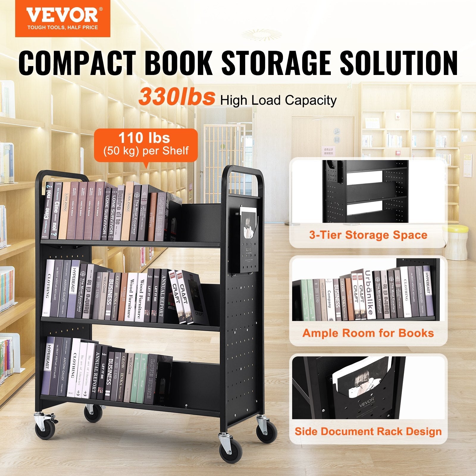 VEVOR Book Cart, 330 lbs Library Cart, 39.4" x 20.1" x 49.2" Rolling Book Cart, Double Sided W-Shaped Sloped Shelves with 4-Inch Lockable Wheels for Home Shelves Office School, Book Truck in Black 