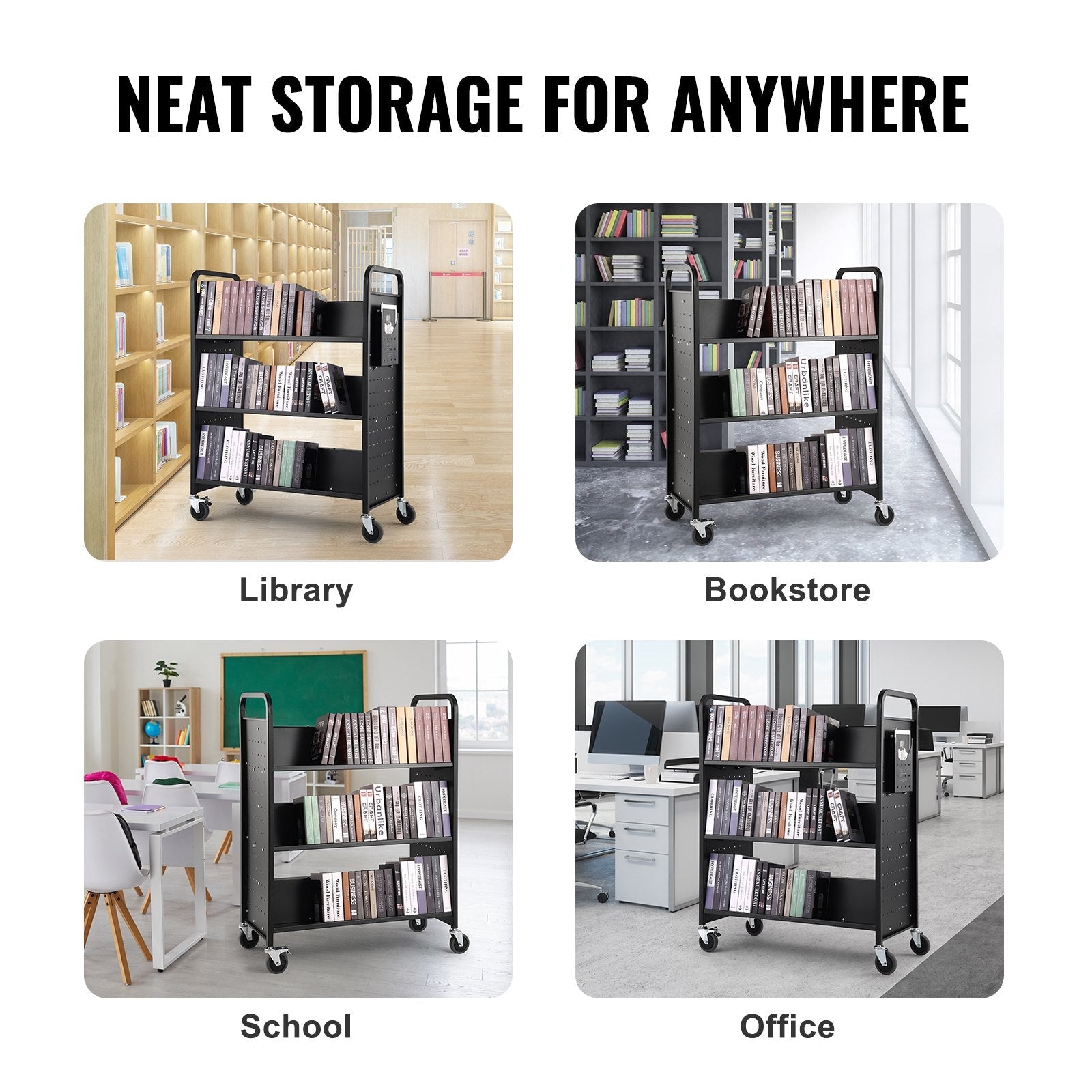 VEVOR Book Cart, 330 lbs Library Cart, 39.4" x 20.1" x 49.2" Rolling Book Cart, Double Sided W-Shaped Sloped Shelves with 4-Inch Lockable Wheels for Home Shelves Office School, Book Truck in Black 