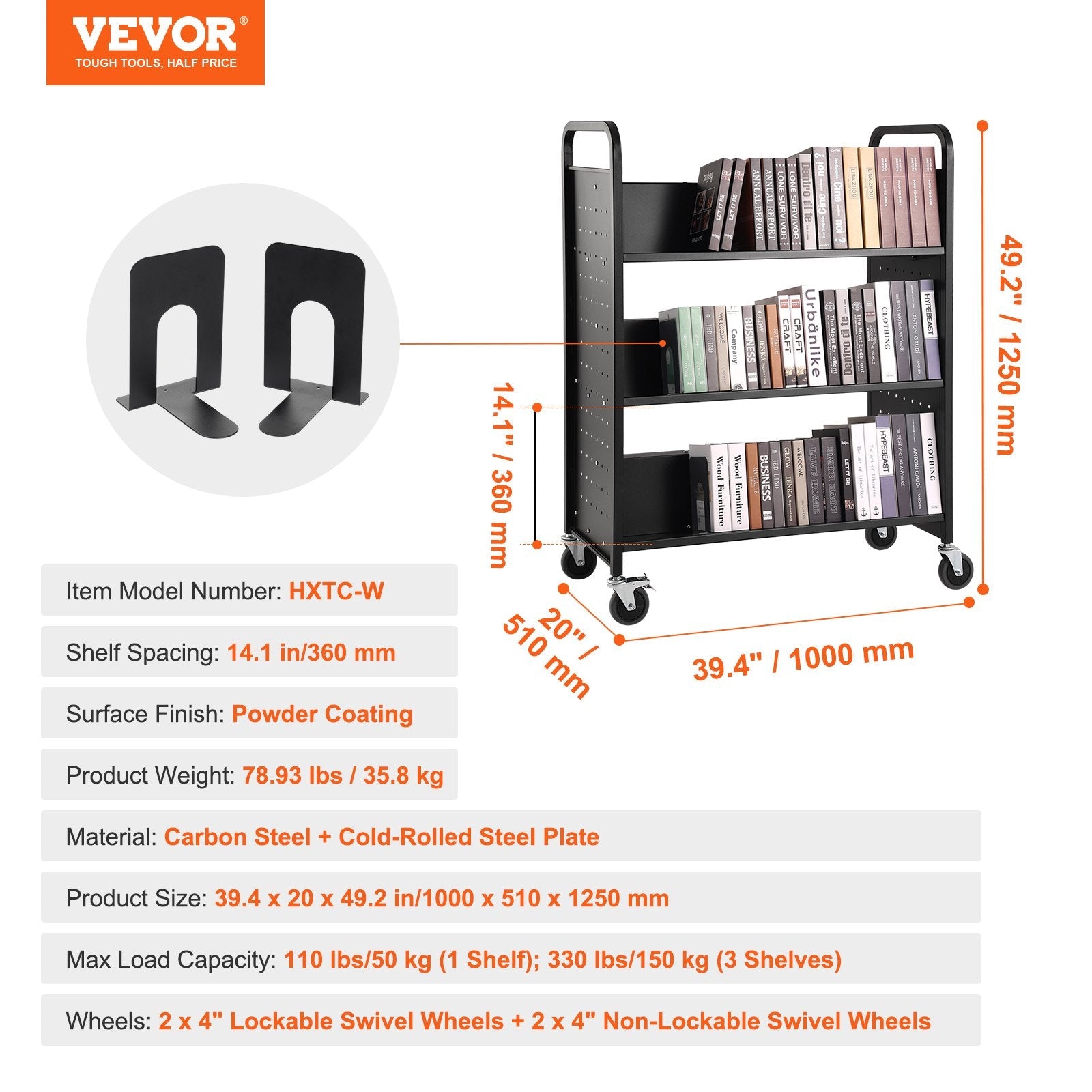 VEVOR Book Cart, 330 lbs Library Cart, 39.4" x 20.1" x 49.2" Rolling Book Cart, Double Sided W-Shaped Sloped Shelves with 4-Inch Lockable Wheels for Home Shelves Office School, Book Truck in Black 