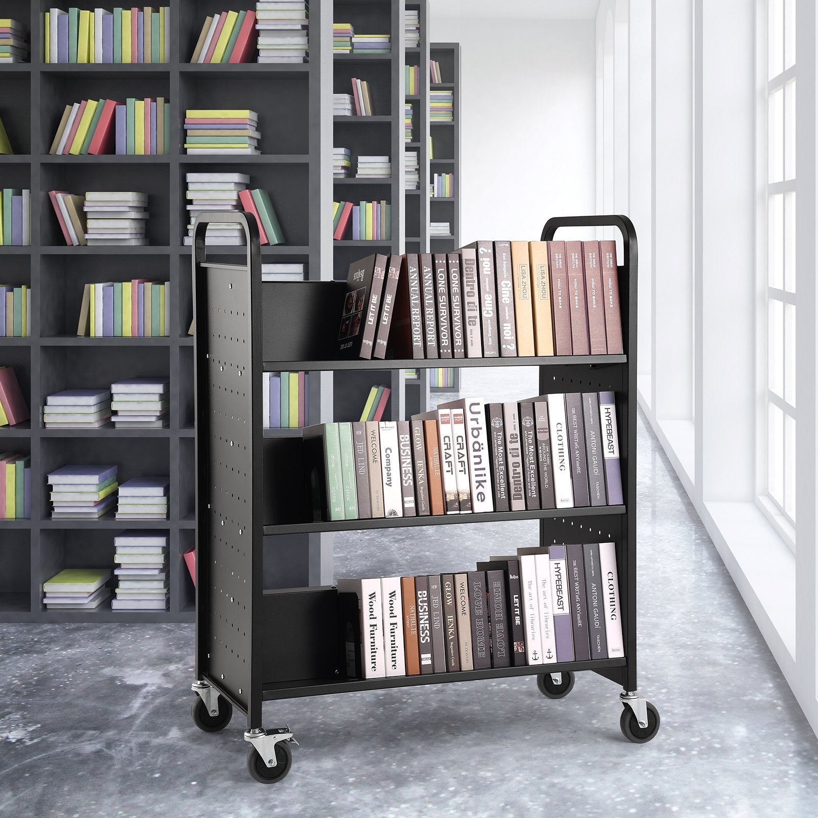 VEVOR Book Cart, 330 lbs Library Cart, 39.4" x 20.1" x 49.2" Rolling Book Cart, Double Sided W-Shaped Sloped Shelves with 4-Inch Lockable Wheels for Home Shelves Office School, Book Truck in Black 