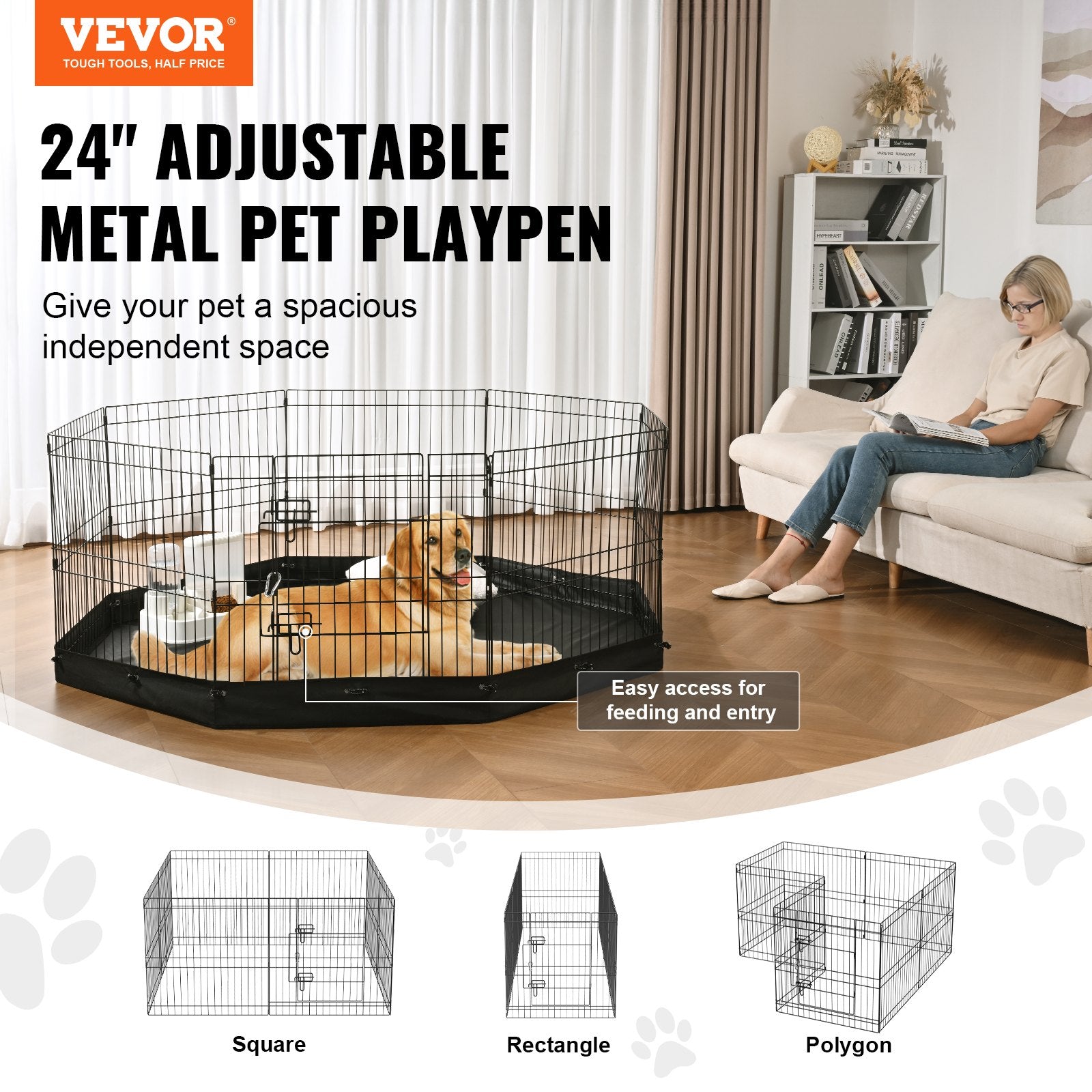 VEVOR Dog Playpen, 8 Panels Foldable Metal Dog Exercise Pen with Bottom Pad, 24" H Pet Fence Puppy Crate Kennel with Ground Stakes, Indoor Outdoor Dog Pen for Small Medium Pets, for Camping, Yard 