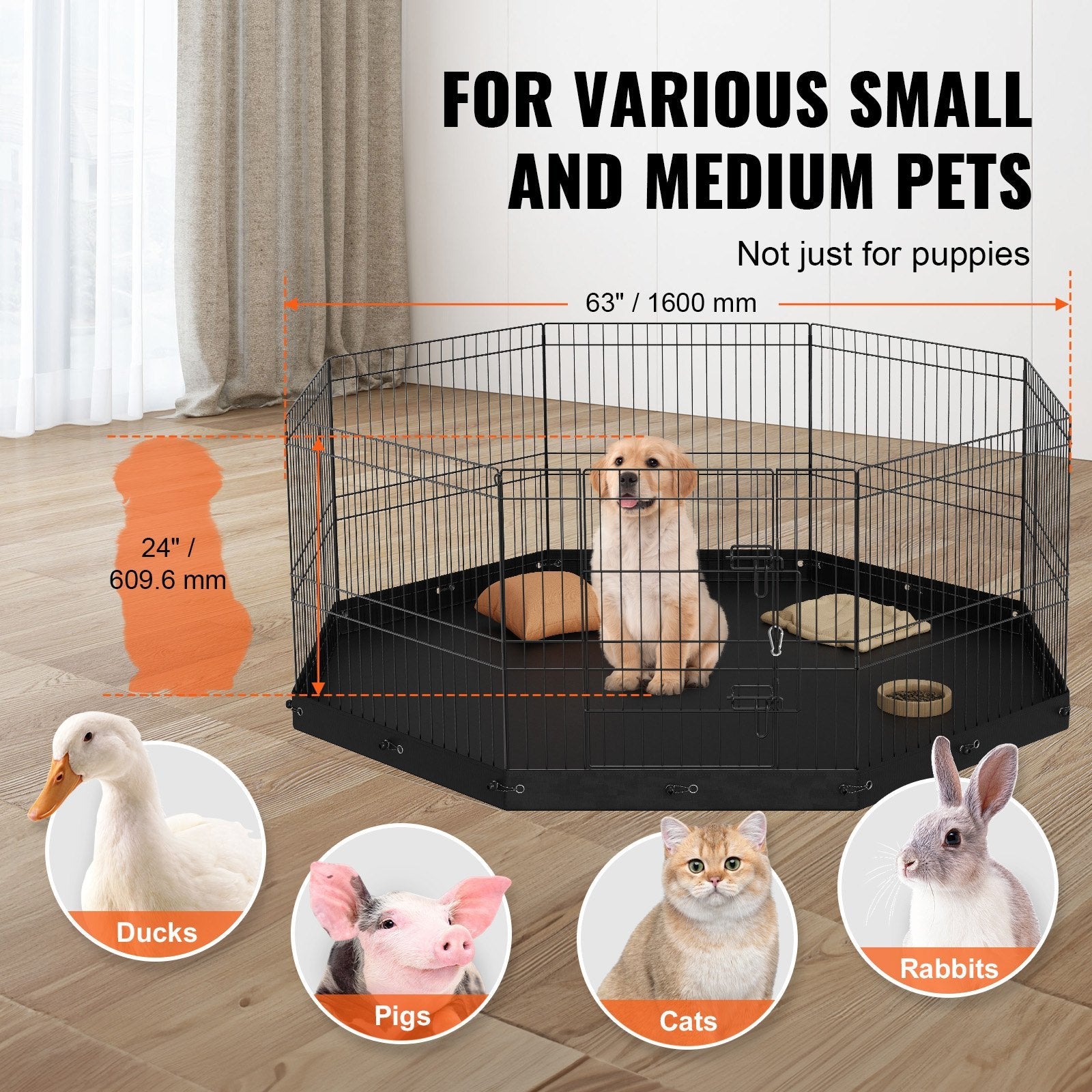 VEVOR Dog Playpen, 8 Panels Foldable Metal Dog Exercise Pen with Bottom Pad, 24" H Pet Fence Puppy Crate Kennel with Ground Stakes, Indoor Outdoor Dog Pen for Small Medium Pets, for Camping, Yard 