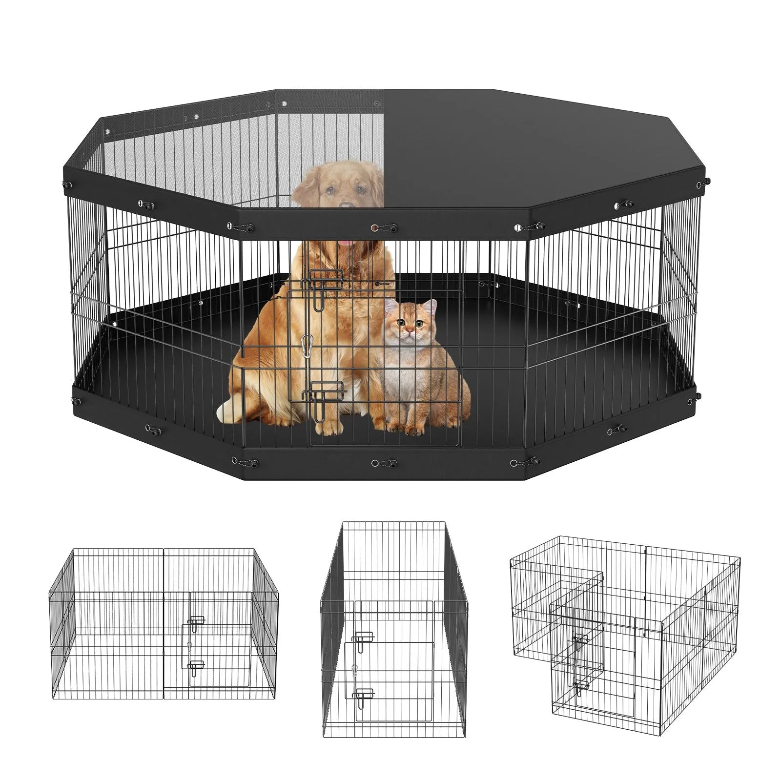 VEVOR Dog Playpen, 8 Panels Foldable Metal Dog Exercise Pen with Top Cover and Bottom Pad, 24" H Pet Fence Puppy Crate Kennel, Indoor Outdoor Dog Pen for Small Medium Pets, for Camping, Yard