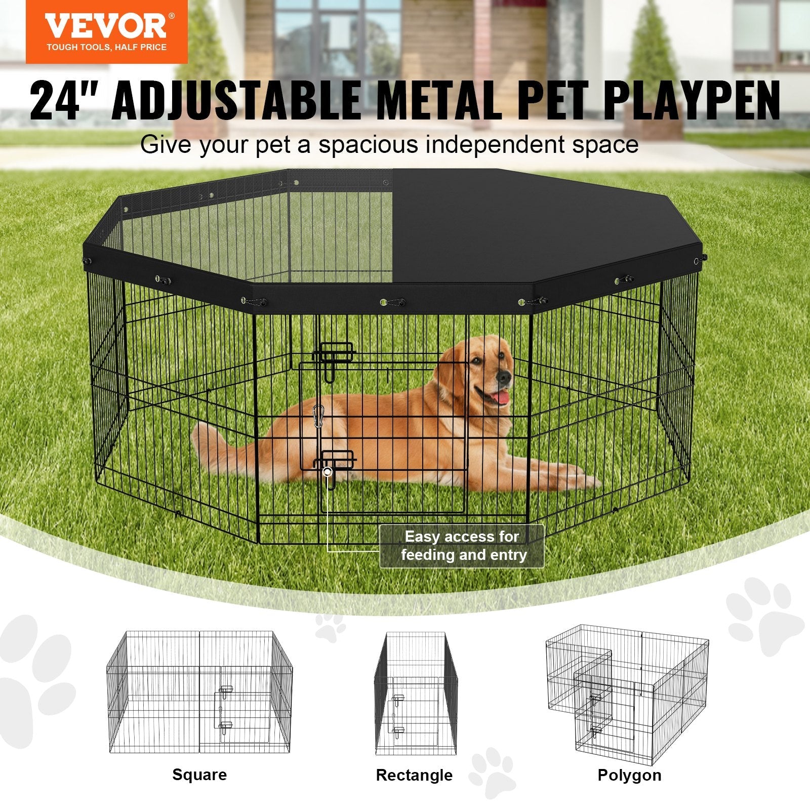 VEVOR Dog Playpen, 8 Panels Foldable Metal Dog Exercise Pen with Top Cover, 24" H Pet Fence Puppy Crate Kennel with Ground Stakes, Indoor Outdoor Dog Pen for Small Medium Pets, for Camping, Yard 
