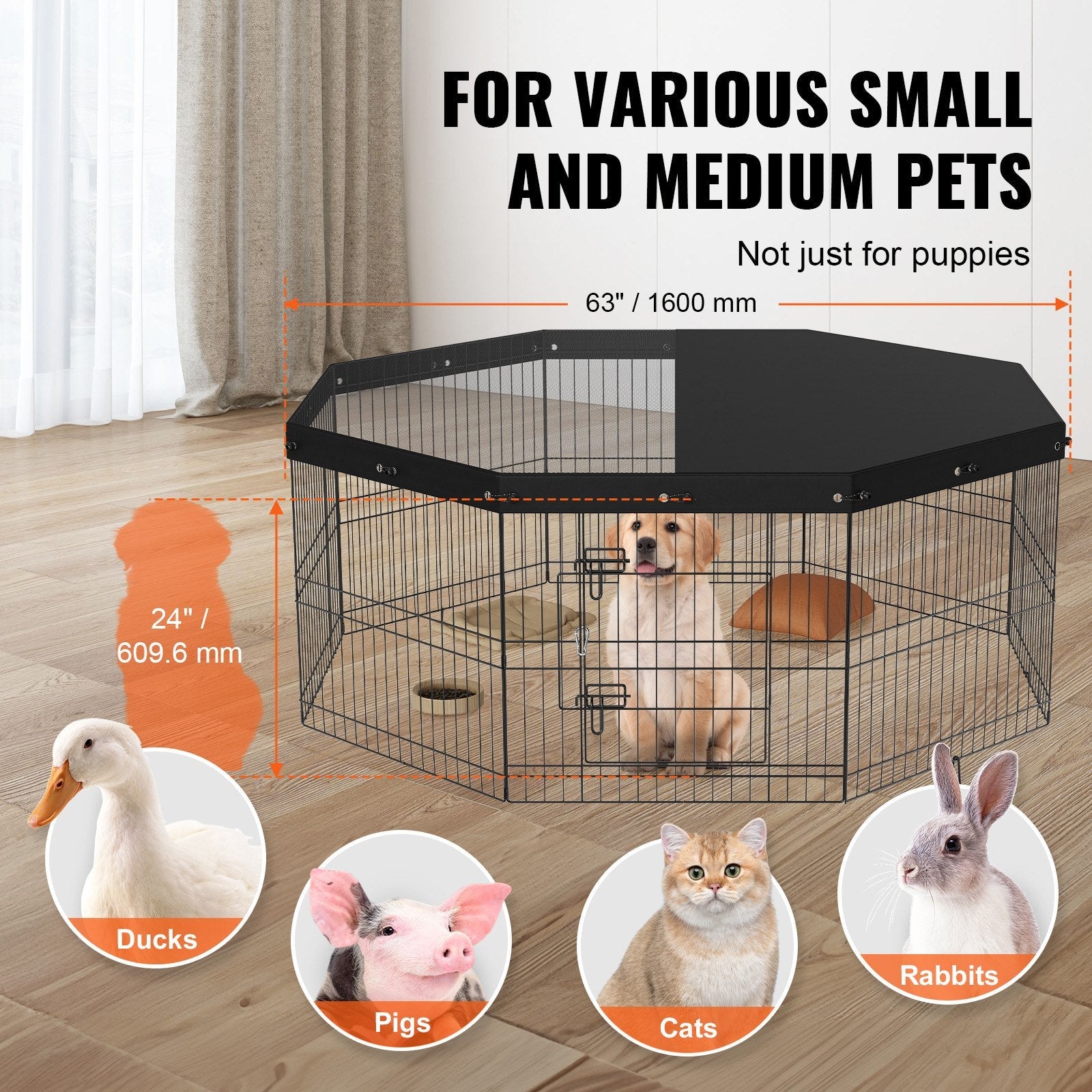 VEVOR Dog Playpen, 8 Panels Foldable Metal Dog Exercise Pen with Top Cover, 24" H Pet Fence Puppy Crate Kennel with Ground Stakes, Indoor Outdoor Dog Pen for Small Medium Pets, for Camping, Yard 