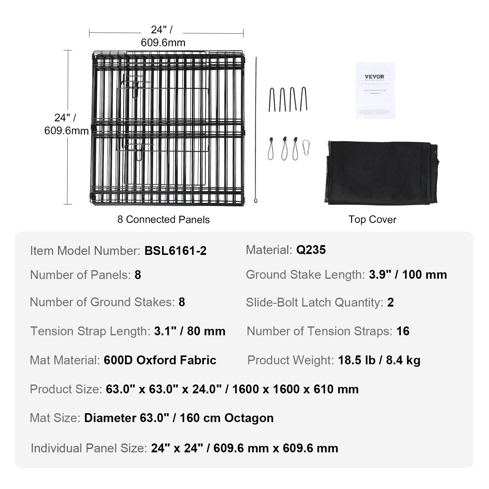 VEVOR Dog Playpen, 8 Panels Foldable Metal Dog Exercise Pen with Top Cover, 24" H Pet Fence Puppy Crate Kennel with Ground Stakes, Indoor Outdoor Dog Pen for Small Medium Pets, for Camping, Yard 