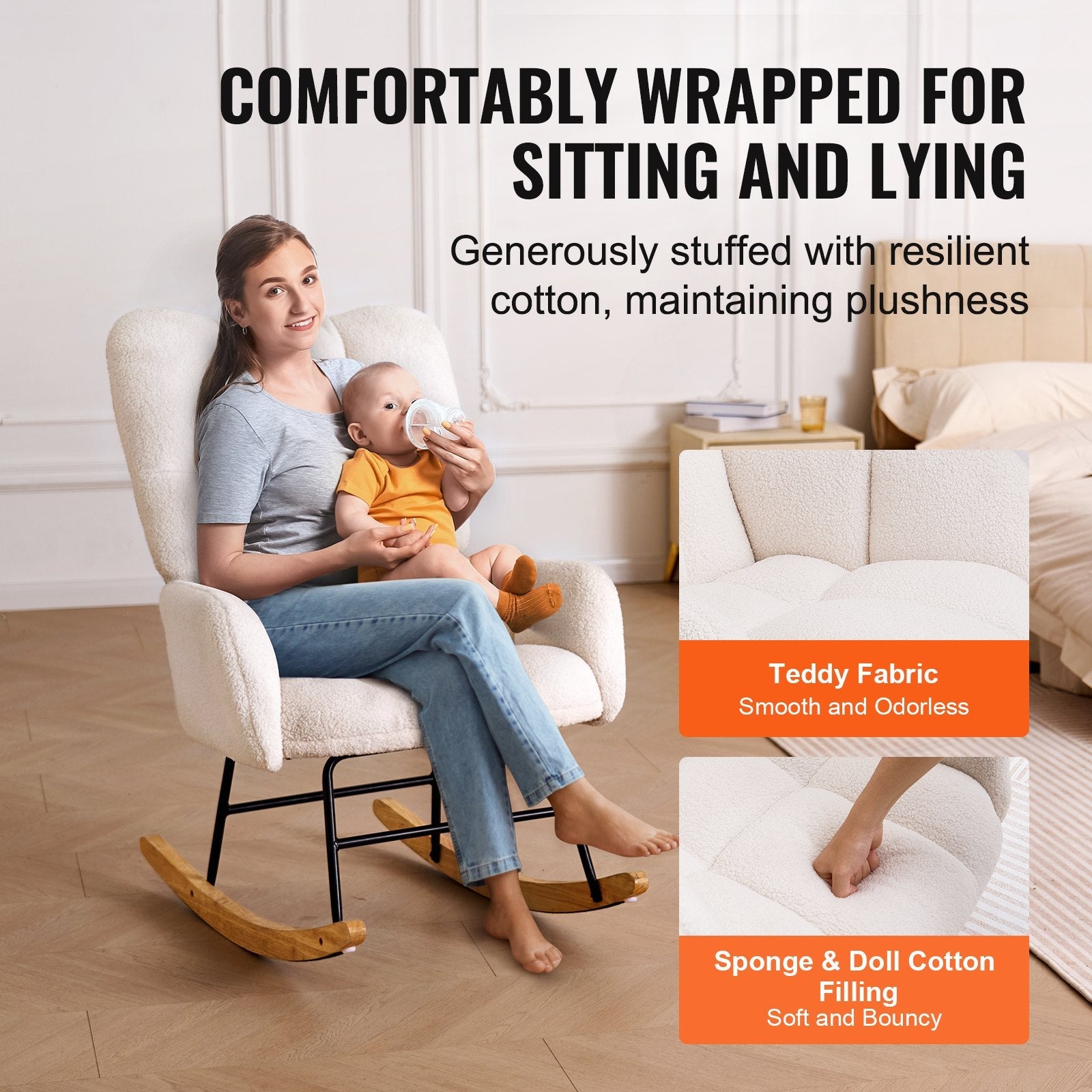 VEVOR Nursery Rocking Chair, 250 lbs Weight Capacity Teddy Fabric Upholstered Glider Rocker Chair with Soft Seat and High Backrest, Nursing Chair for Nursery, Bedroom, Living Room, Ivory White 