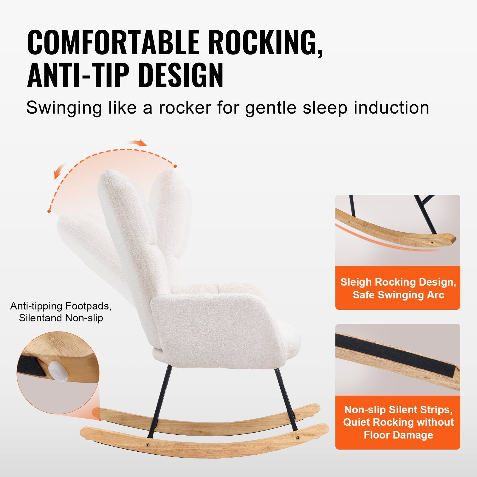 VEVOR Nursery Rocking Chair, 250 lbs Weight Capacity Teddy Fabric Upholstered Glider Rocker Chair with Soft Seat and High Backrest, Nursing Chair for Nursery, Bedroom, Living Room, Ivory White 