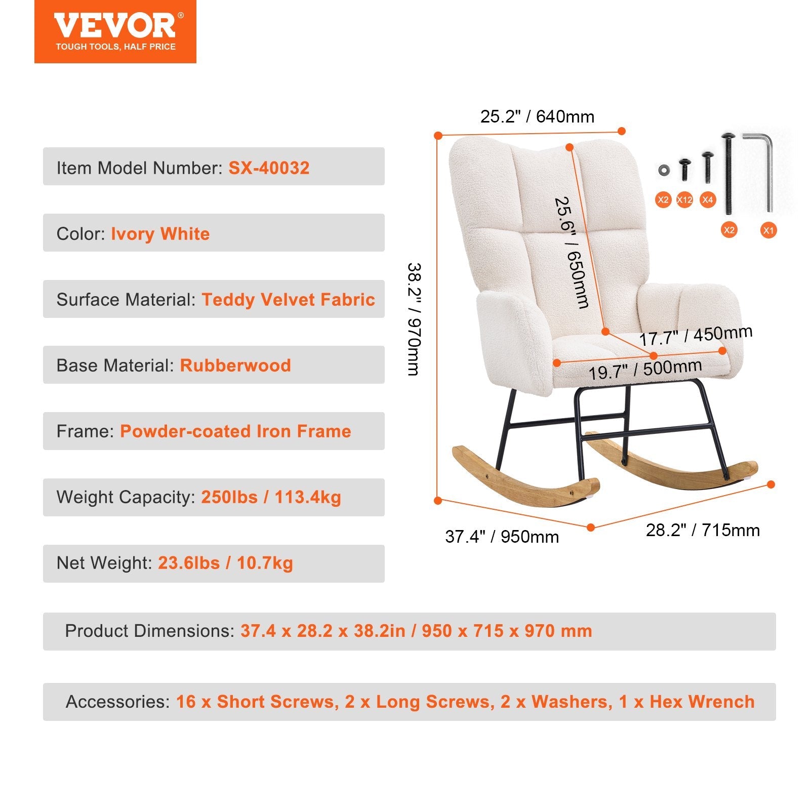 VEVOR Nursery Rocking Chair, 250 lbs Weight Capacity Teddy Fabric Upholstered Glider Rocker Chair with Soft Seat and High Backrest, Nursing Chair for Nursery, Bedroom, Living Room, Ivory White 