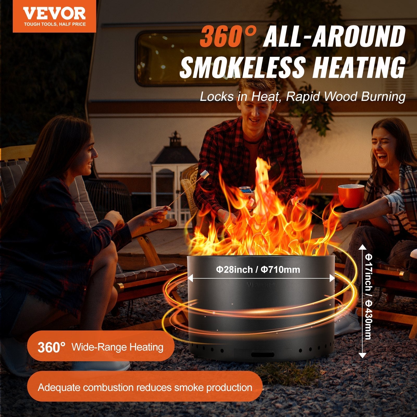 VEVOR Smokeless Fire Pit Stove Bonfire 28 in Dia Wood Burning Stainless Steel 