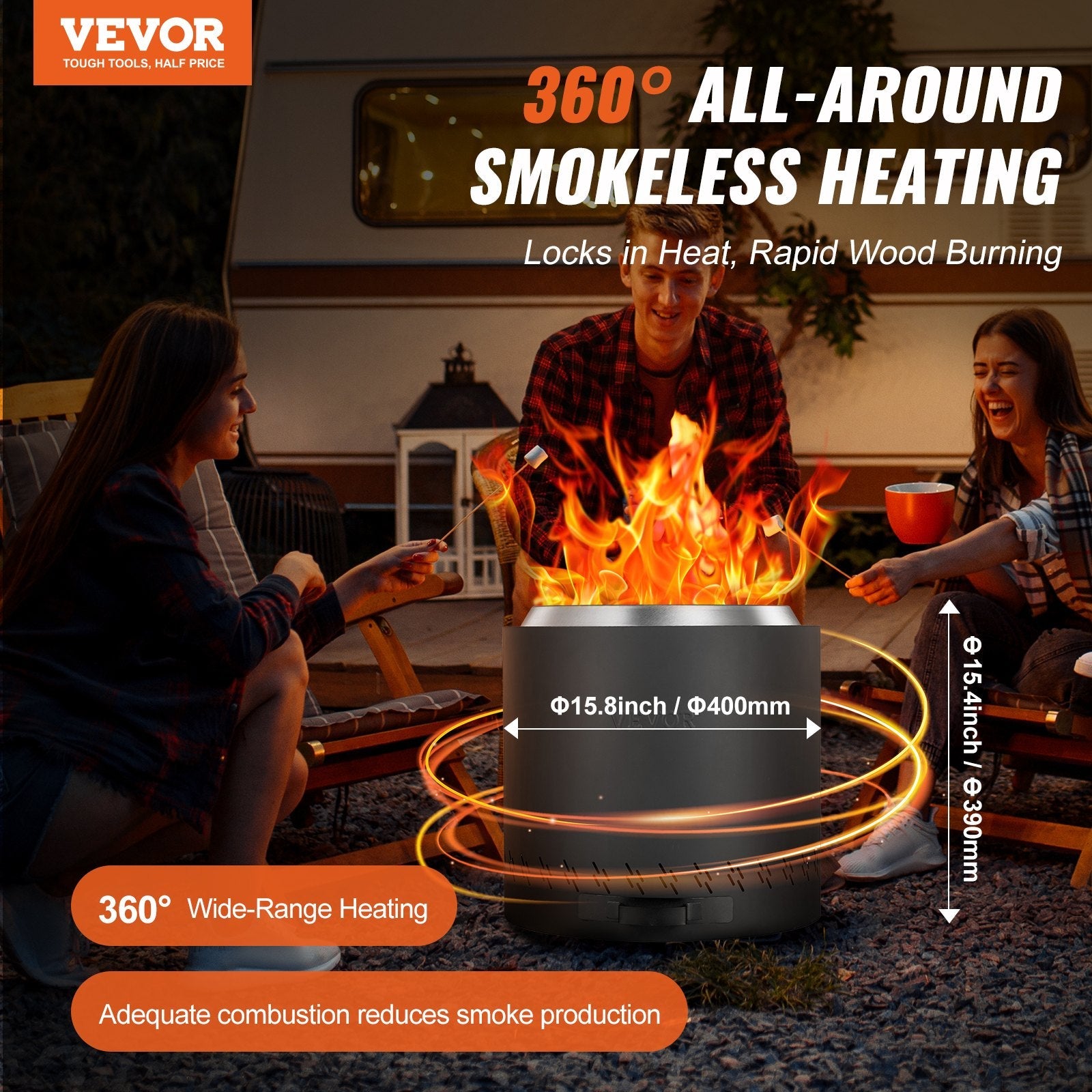VEVOR Smokeless Fire Pit Stove Bonfire 15.8 in Dia Wood Burning Stainless Steel 