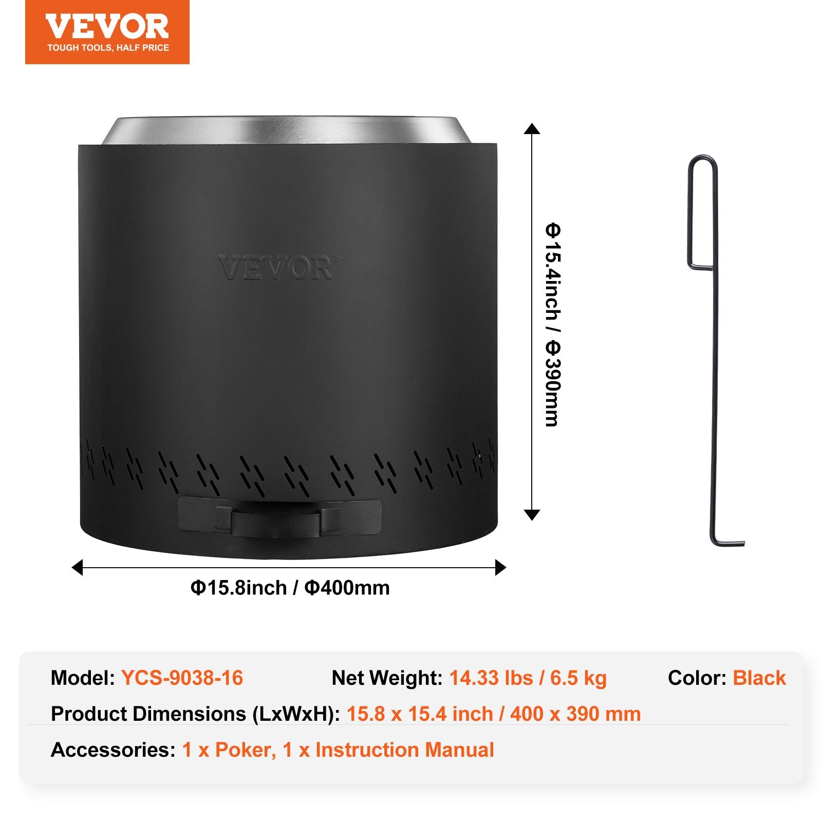 VEVOR Smokeless Fire Pit Stove Bonfire 15.8 in Dia Wood Burning Stainless Steel 