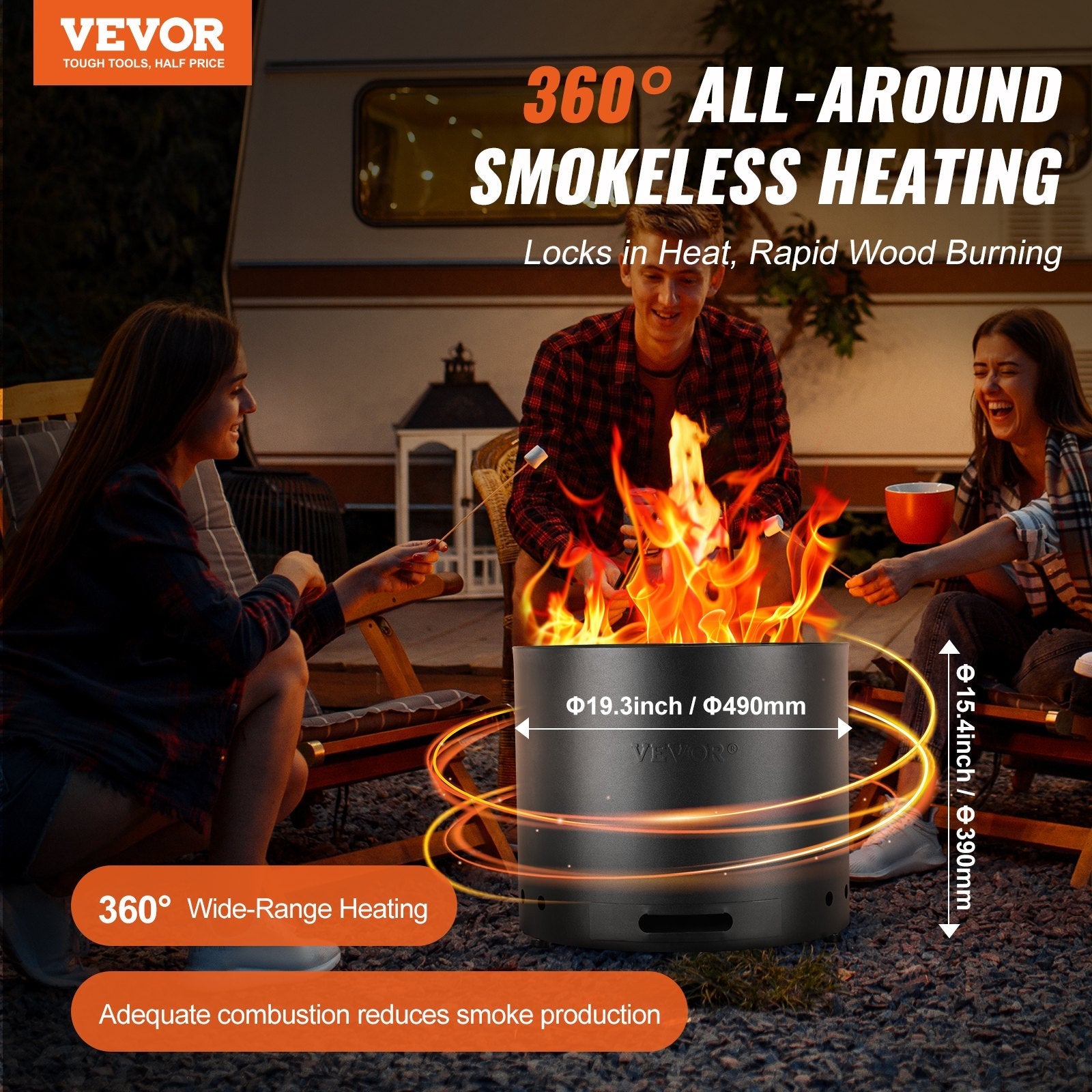 VEVOR Smokeless Fire Pit Stove Bonfire 19.3 in Dia Wood Burning Stainless Steel 