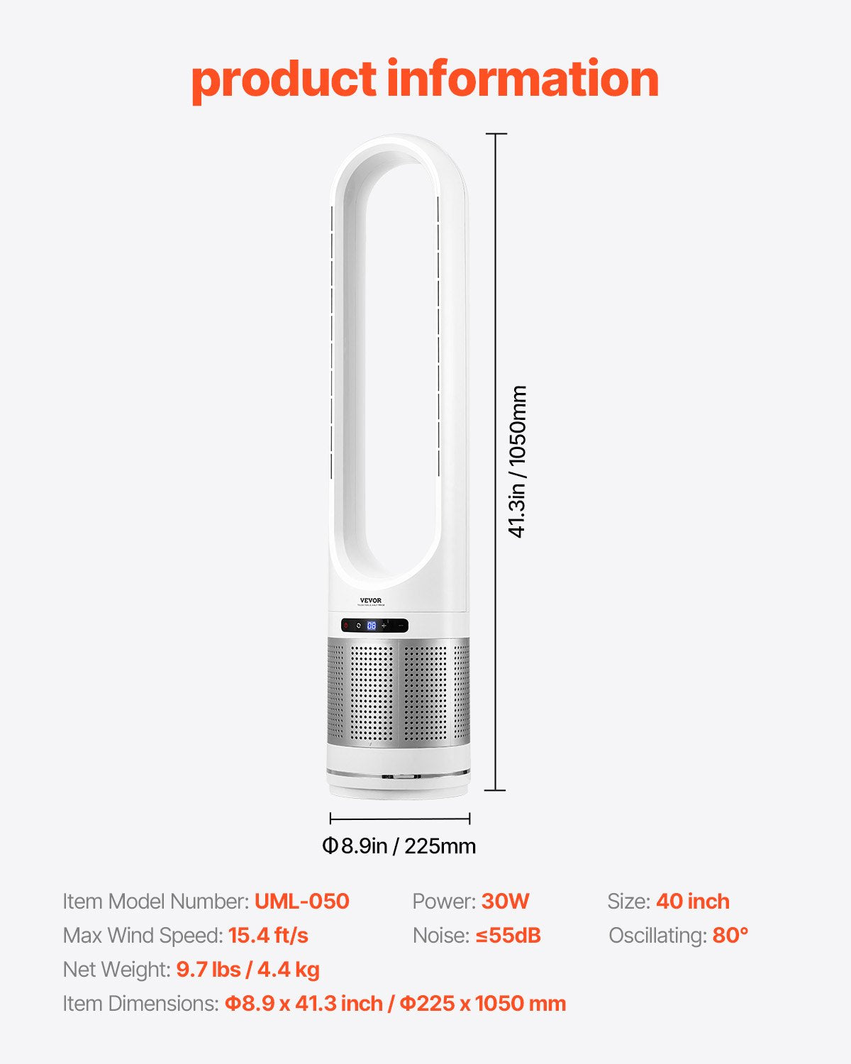 VEVOR 40" Oscillating Tower Fan 8H Timer 15.4ft/s Velocity with Remote Control 