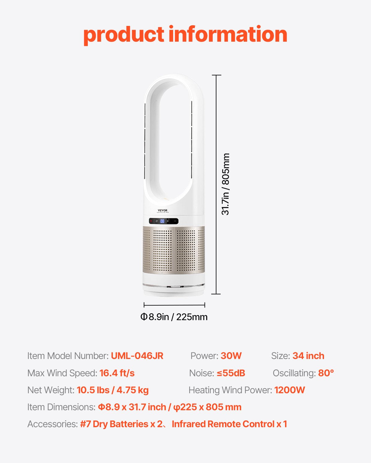 VEVOR 34" Oscillating Tower Fan 8H Timer 16.4ft/s Velocity with Remote Control 